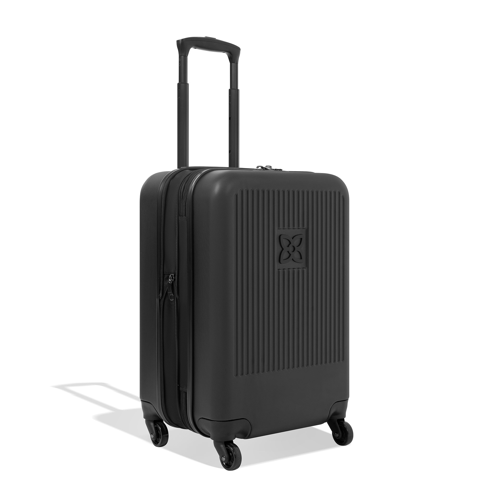 Angled front view of Sherpani hard-shell carry-on luggage, the Meridian in Black. Meridian features include a retractable luggage handle, uncrushable exterior, TSA-approved locking zippers and four 36-degree spinner wheels. 