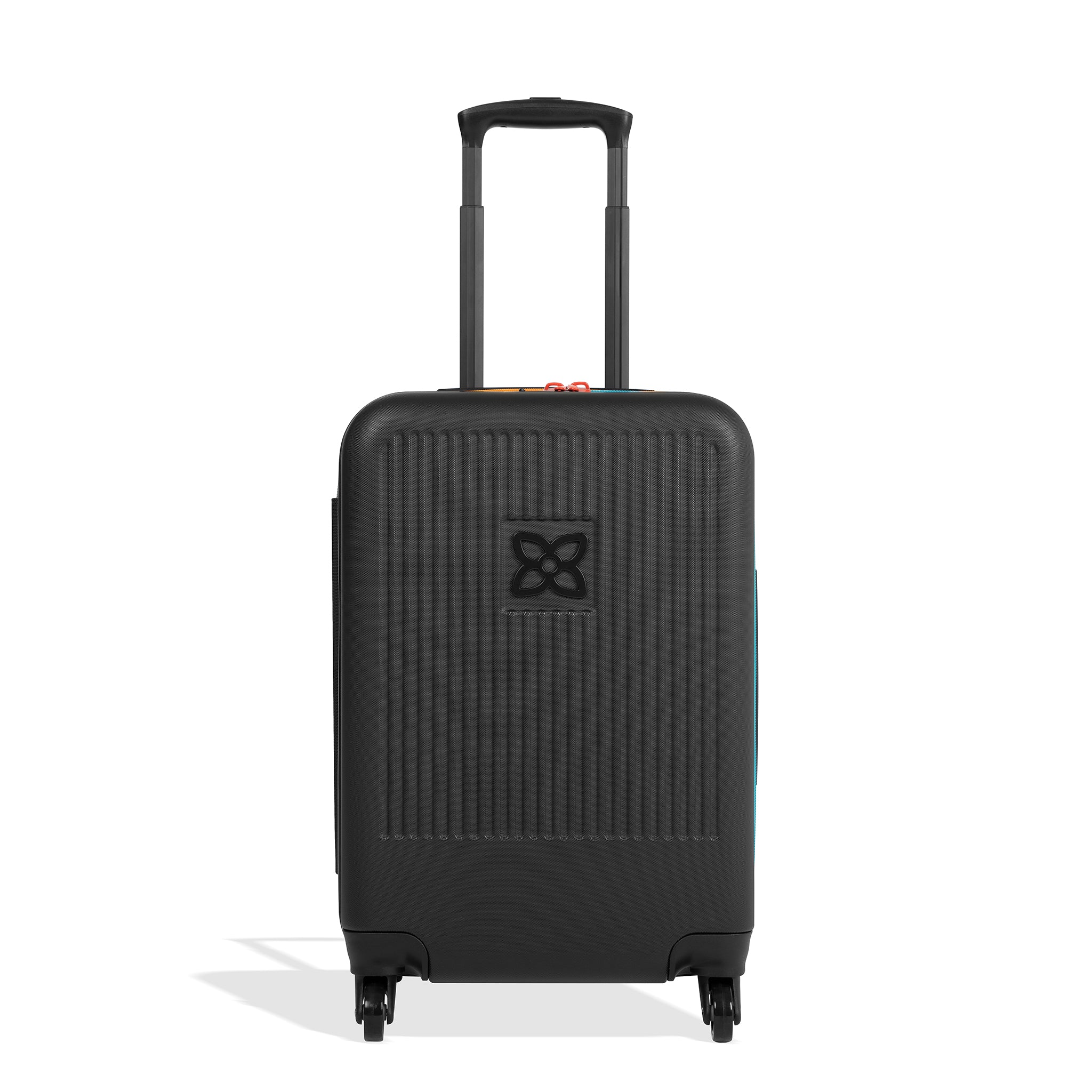 Flat front view of Sherpani hard-shell carry-on luggage, the Meridian in Chromatic. Meridian features include a retractable luggage handle, uncrushable exterior, TSA-approved locking zippers and four 36-degree spinner wheels. Chromatic color is primarily black with pops of color in red, yellow and blue. 