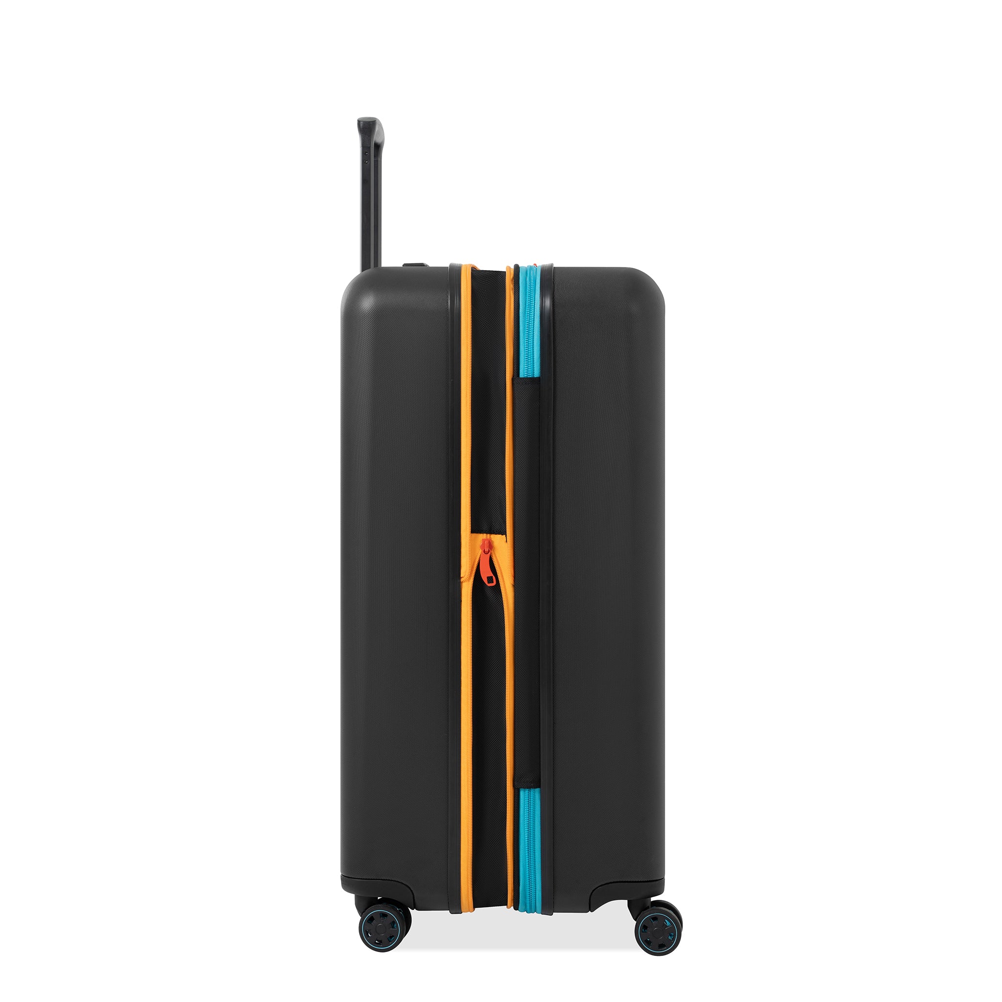 Side view of Sherpani hard-shell carry-on luggage, the Meridian in Chromatic. Meridian features include a retractable luggage handle, uncrushable exterior, TSA-approved locking zippers and four 36-degree spinner wheels. Chromatic color is primarily black with pops of color in red, yellow and blue. 
