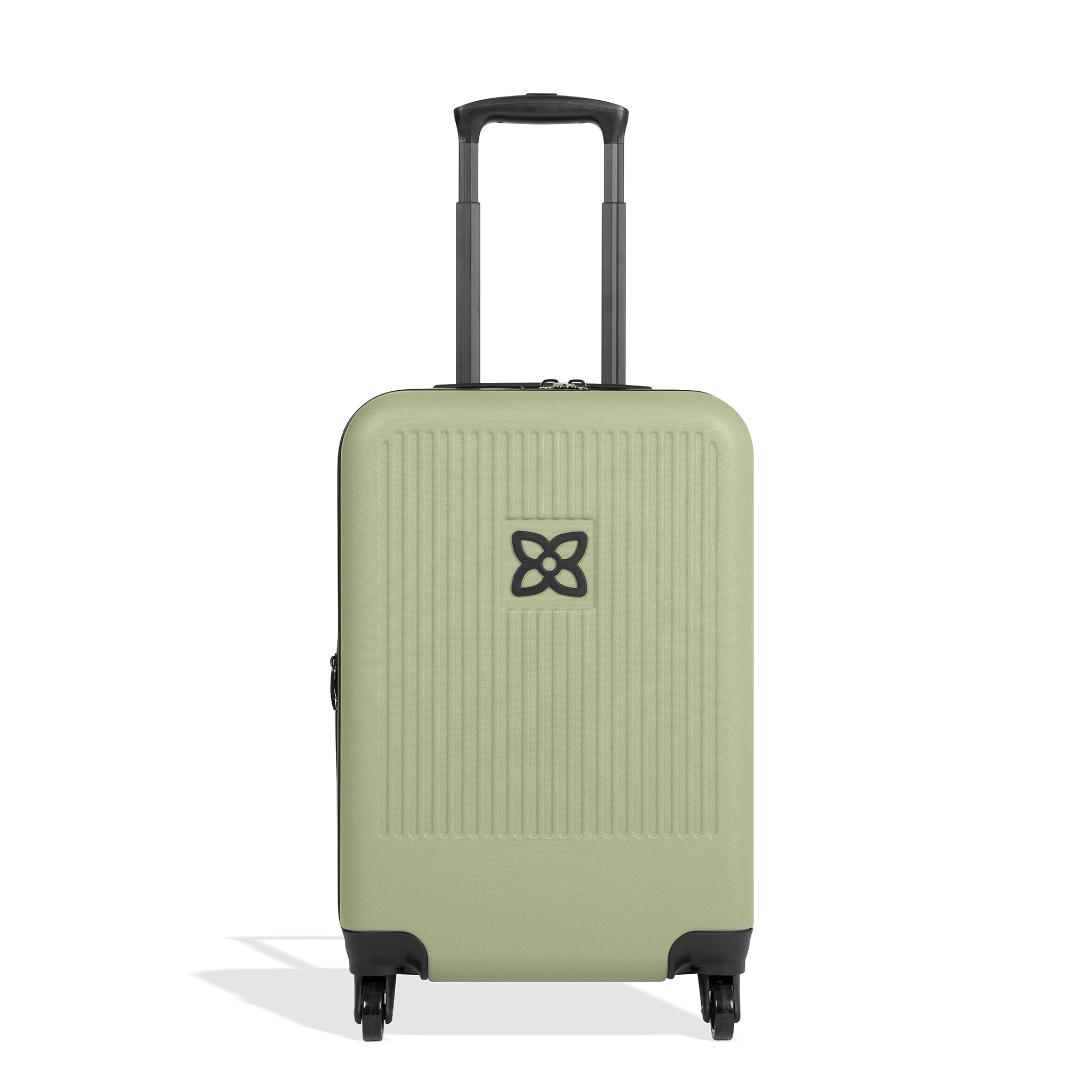 Flat front view of Sherpani hard-shell carry-on luggage, the Meridian in Sage. Meridian features include a retractable luggage handle, uncrushable exterior, TSA-approved locking zippers and four 36-degree spinner wheels. The Sage color is two-toned with the front of the suitcase in sage green and the back in classic black. 