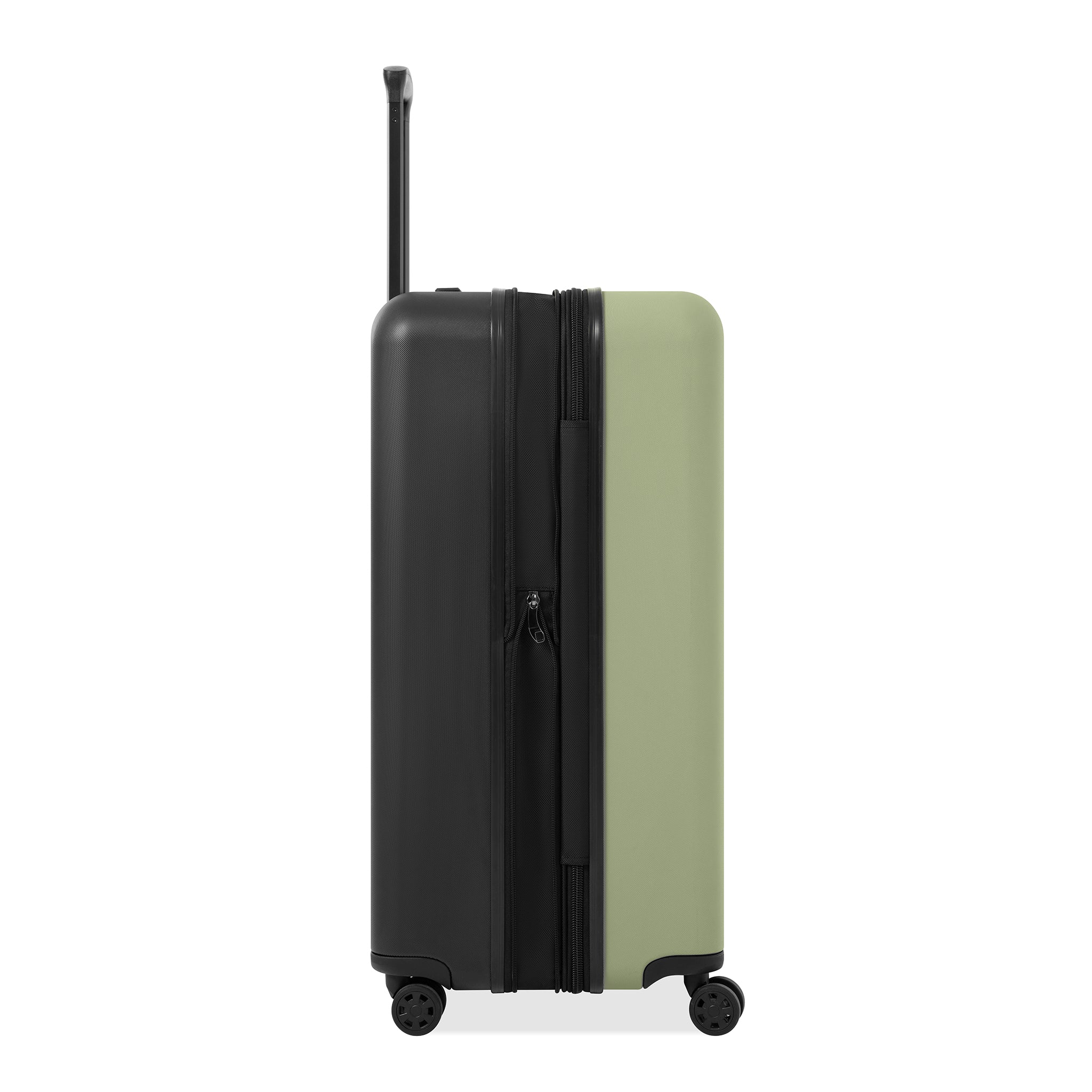 Side view of Sherpani hard-shell carry-on luggage, the Meridian in Sage. Meridian features include a retractable luggage handle, uncrushable exterior, TSA-approved locking zippers and four 36-degree spinner wheels. The Sage color is two-toned with the front of the suitcase in sage green and the back in classic black. 