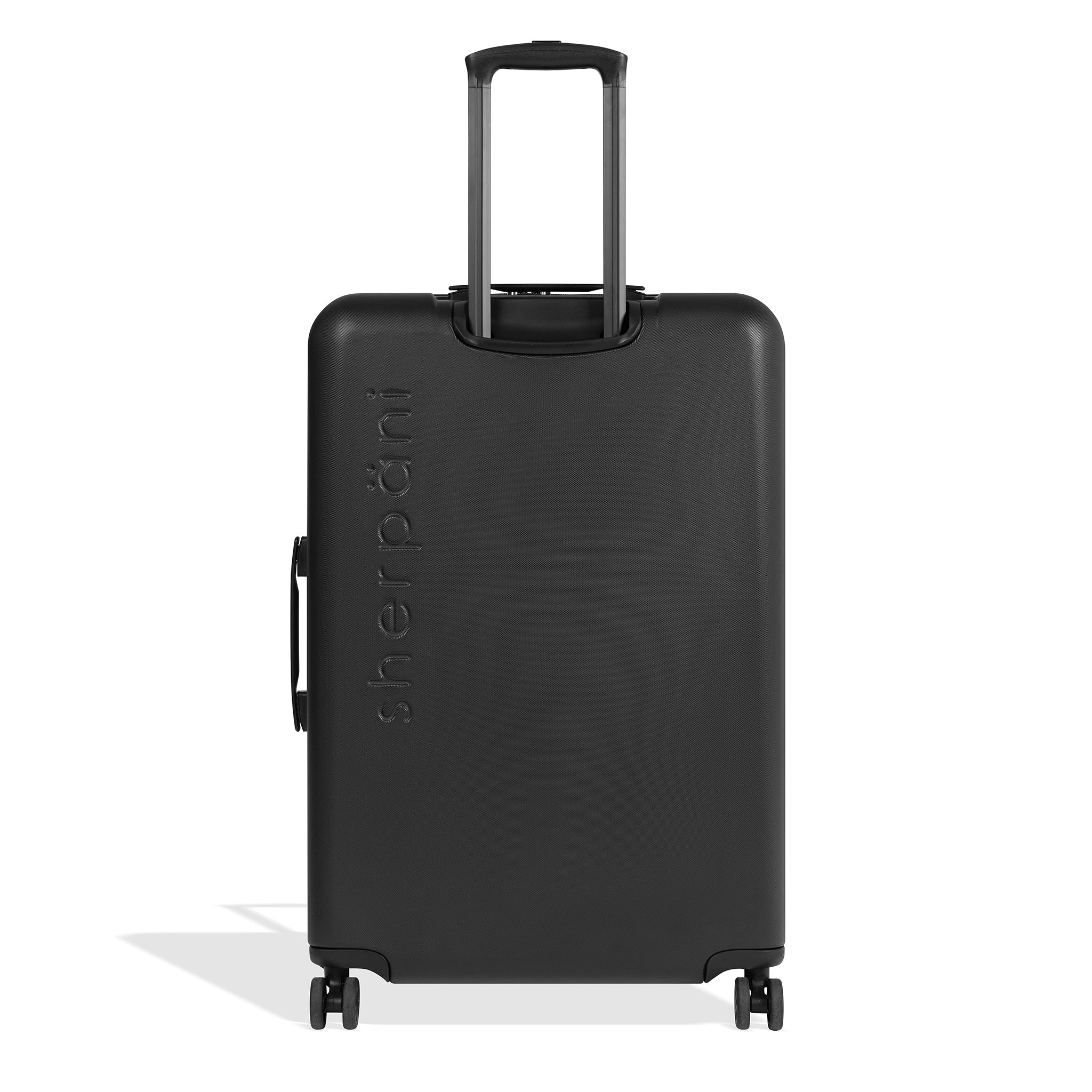Back view of Sherpani hard-shell checked luggage, the Meridian in Black. Meridian features include a retractable luggage handle, uncrushable exterior, TSA-approved locking zippers and four 36-degree spinner wheels. 