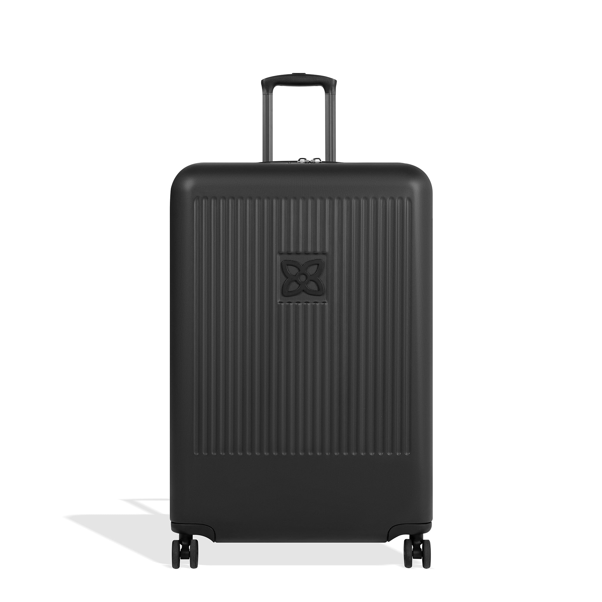 Flat front view of Sherpani hard-shell checked luggage, the Meridian in Black. Meridian features include a retractable luggage handle, uncrushable exterior, TSA-approved locking zippers and four 36-degree spinner wheels. 