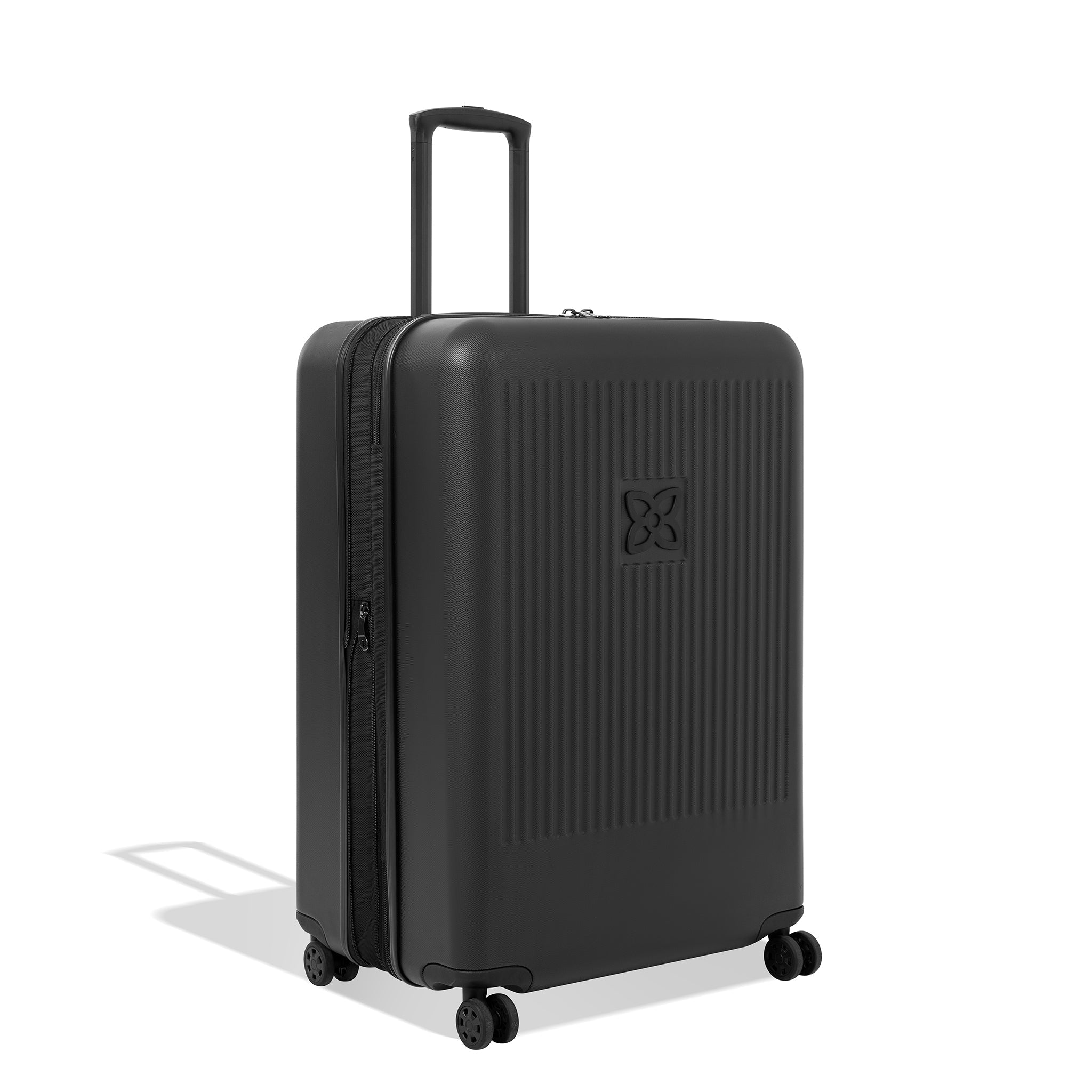 Angled front view of Sherpani hard-shell checked luggage, the Meridian in Black. Meridian features include a retractable luggage handle, uncrushable exterior, TSA-approved locking zippers and four 36-degree spinner wheels. 
