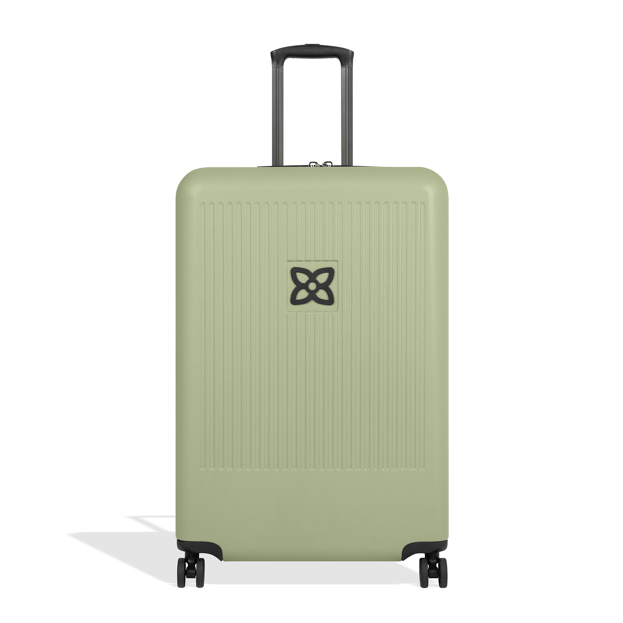 Flat front view of Sherpani hard-shell checked luggage, the Meridian in Sage. Meridian features include a retractable luggage handle, uncrushable exterior, TSA-approved locking zippers and four 36-degree spinner wheels. The Sage color is two-toned with the front of the suitcase in sage green and the back in classic black. 