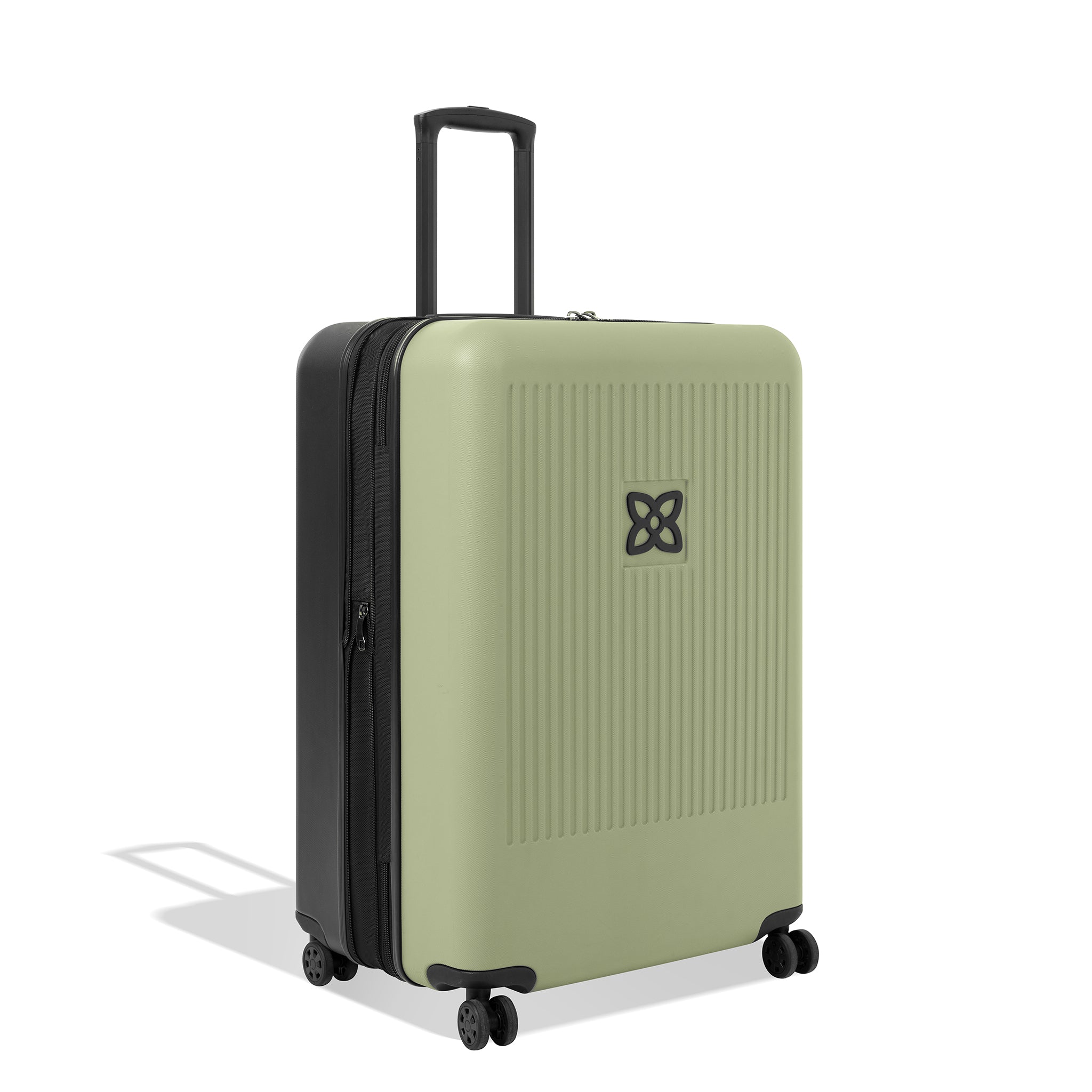 Angled front view of Sherpani hard-shell checked luggage, the Meridian in Sage. 