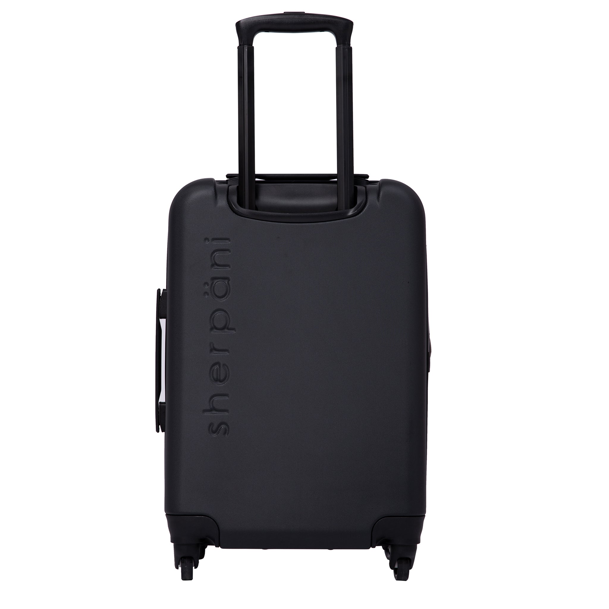 Back view of Sherpani hard shell luggage the Meridian. Part of Sherpani Travel Carry on Bundle in Classic Black. 