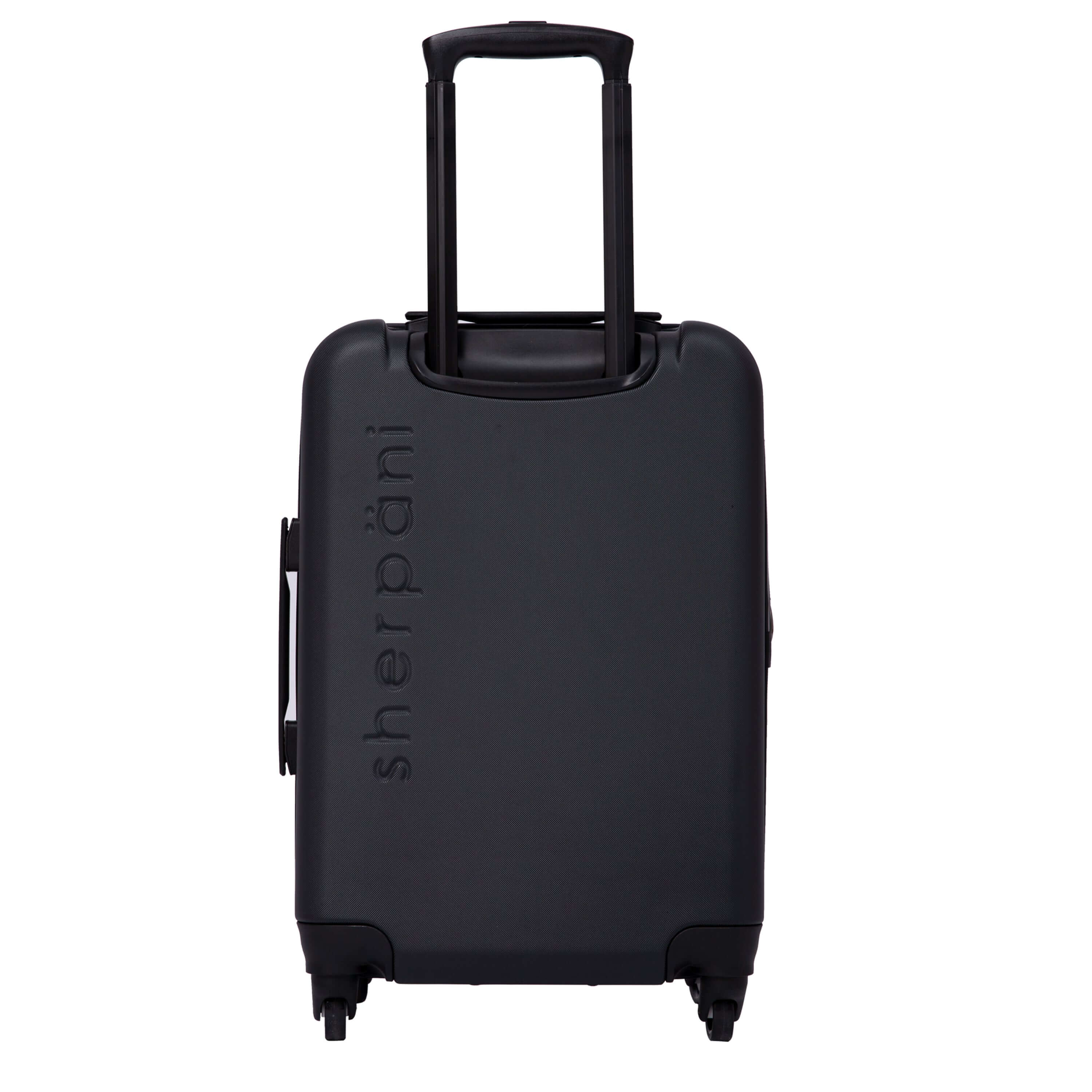 Back view of Sherpani hard-shell carry-on luggage, the Meridian in Black. Meridian features include a retractable luggage handle, uncrushable exterior, TSA-approved locking zippers and four 36-degree spinner wheels. 