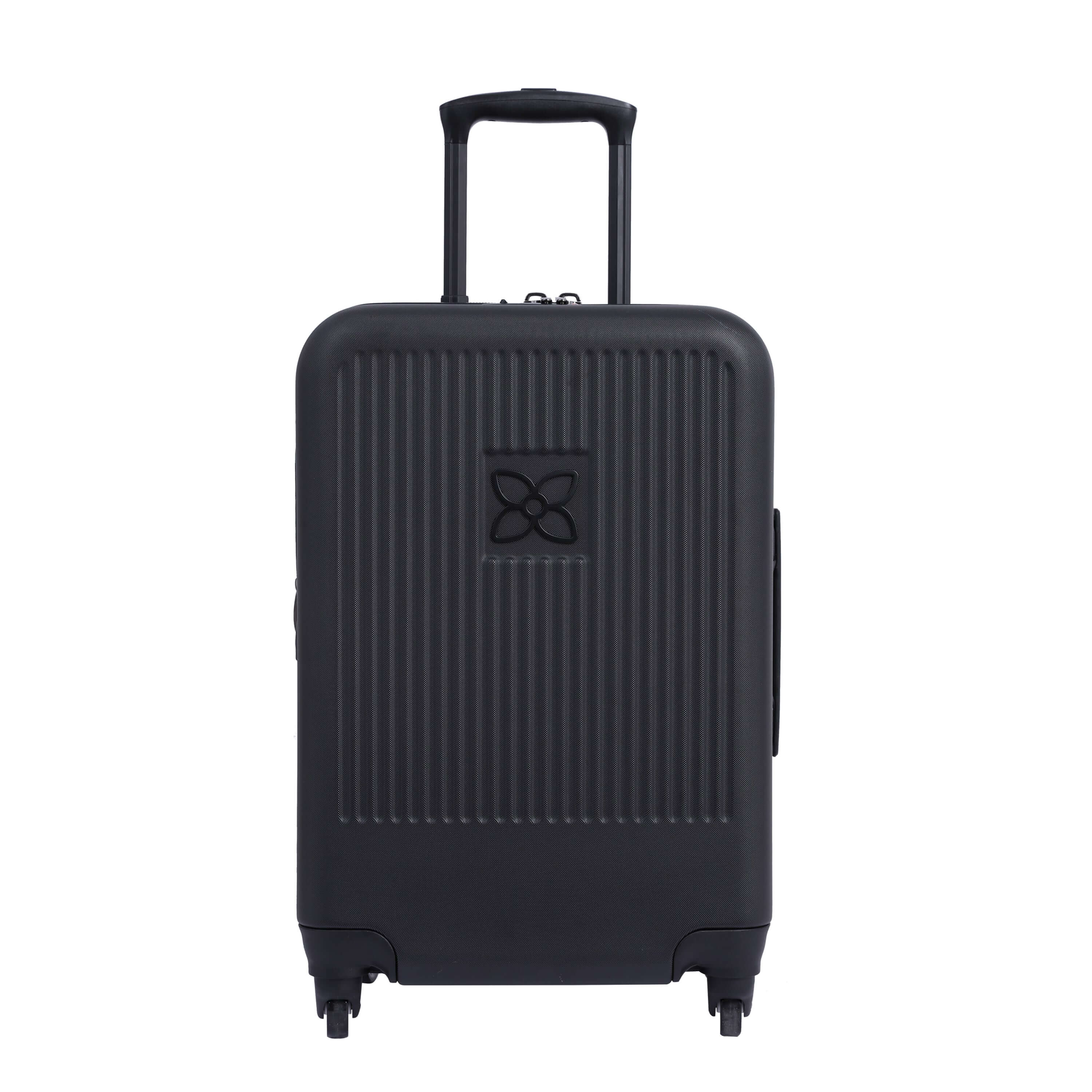 Flat front view of Sherpani hard-shell carry-on luggage, the Meridian in Black. Meridian features include a retractable luggage handle, uncrushable exterior, TSA-approved locking zippers and four 36-degree spinner wheels. 