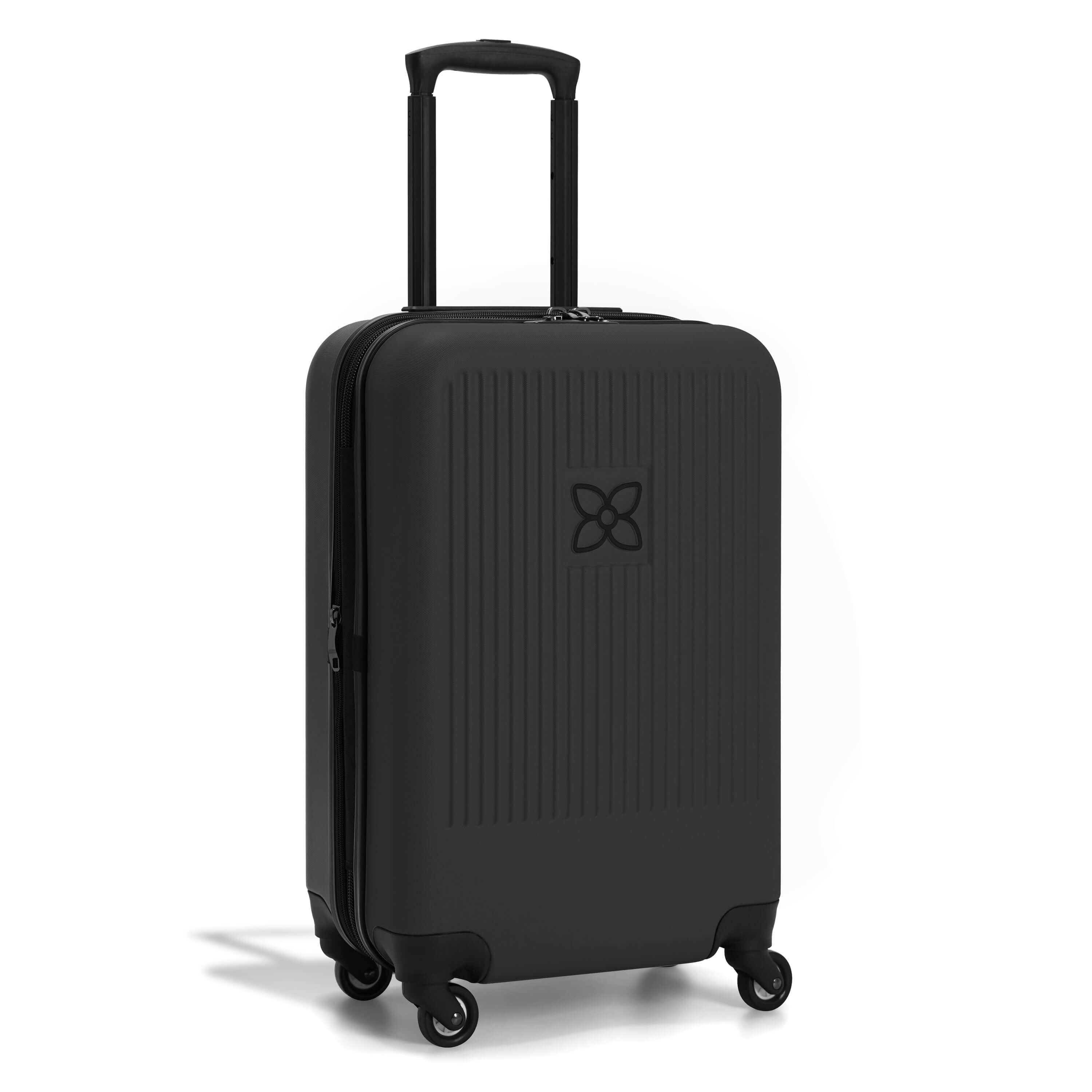 Angled front view of Sherpani hard-shell carry-on luggage, the Meridian in Black. Meridian features include a retractable luggage handle, uncrushable exterior, TSA-approved locking zippers and four 360-degree spinner wheels.