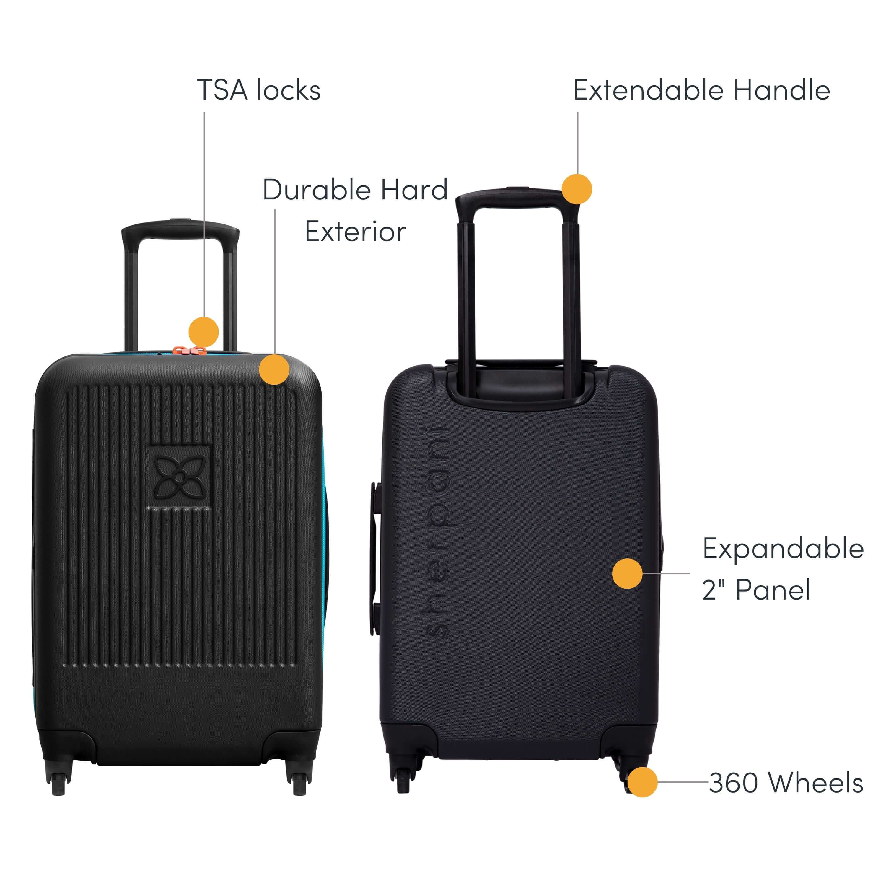 A graphic showcasing the following Meridian features: TSA-approved locking zippers, durable and uncrushable exterior, retractable luggage handle, 2-inch zipper expander, four 360-degree spinner wheels and an ultralightweight design.