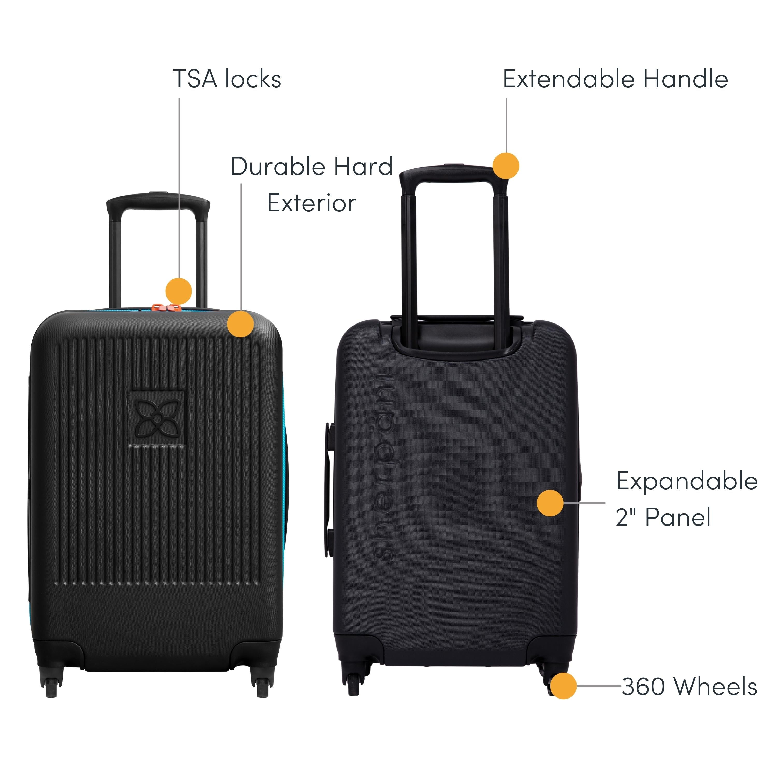Graphic showcasing the features of Meridian hard-shell luggage. Features include locking zippers, uncrushable exterior, retractable luggage handle, 2-inch zipper expansion and four 360-degree spinner wheels.