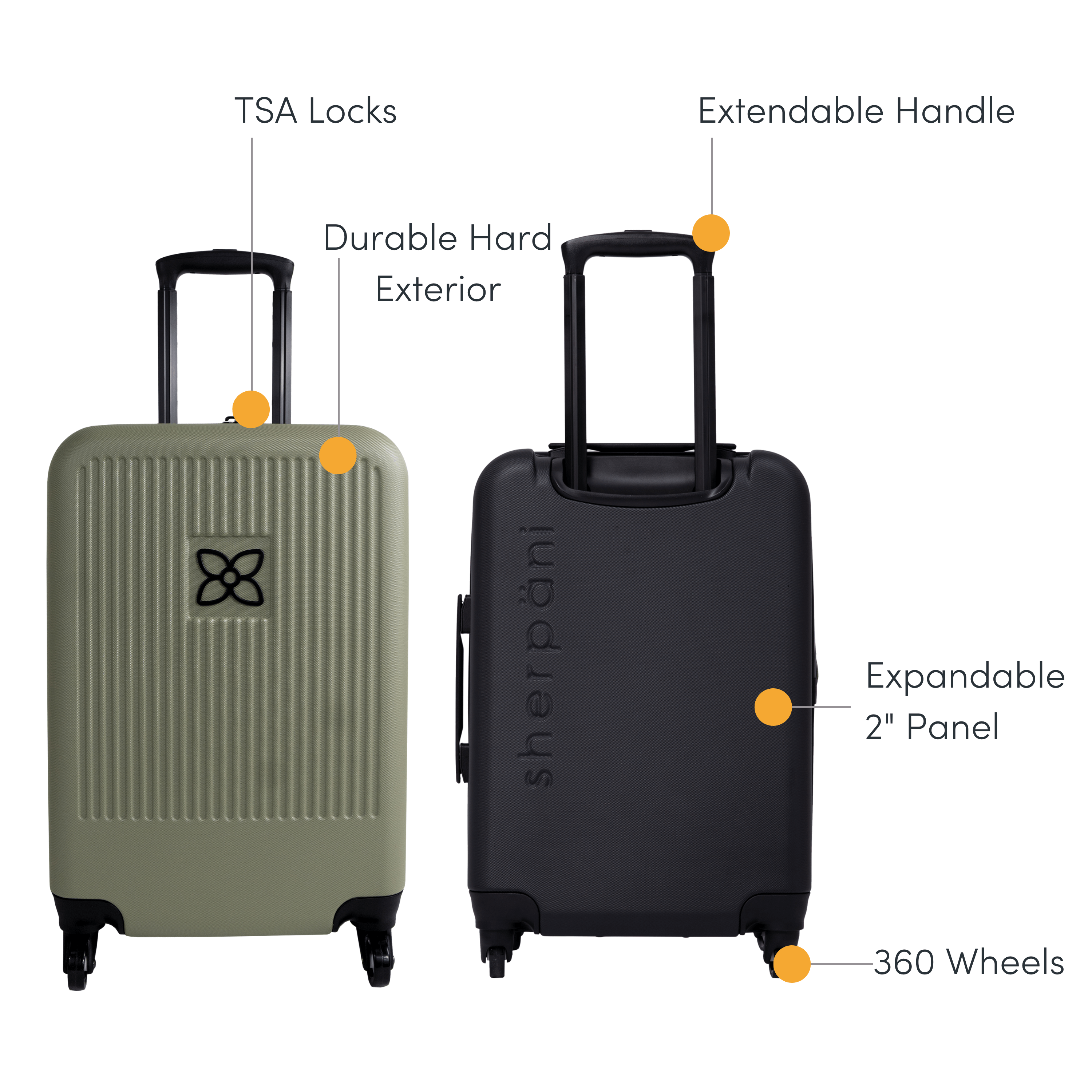 A graphic showcasing the following Meridian features: TSA-approved locking zippers, durable and uncrushable exterior, retractable luggage handle, 2-inch zipper expander, four 36-degree spinner wheels and an ultralightweight design. 