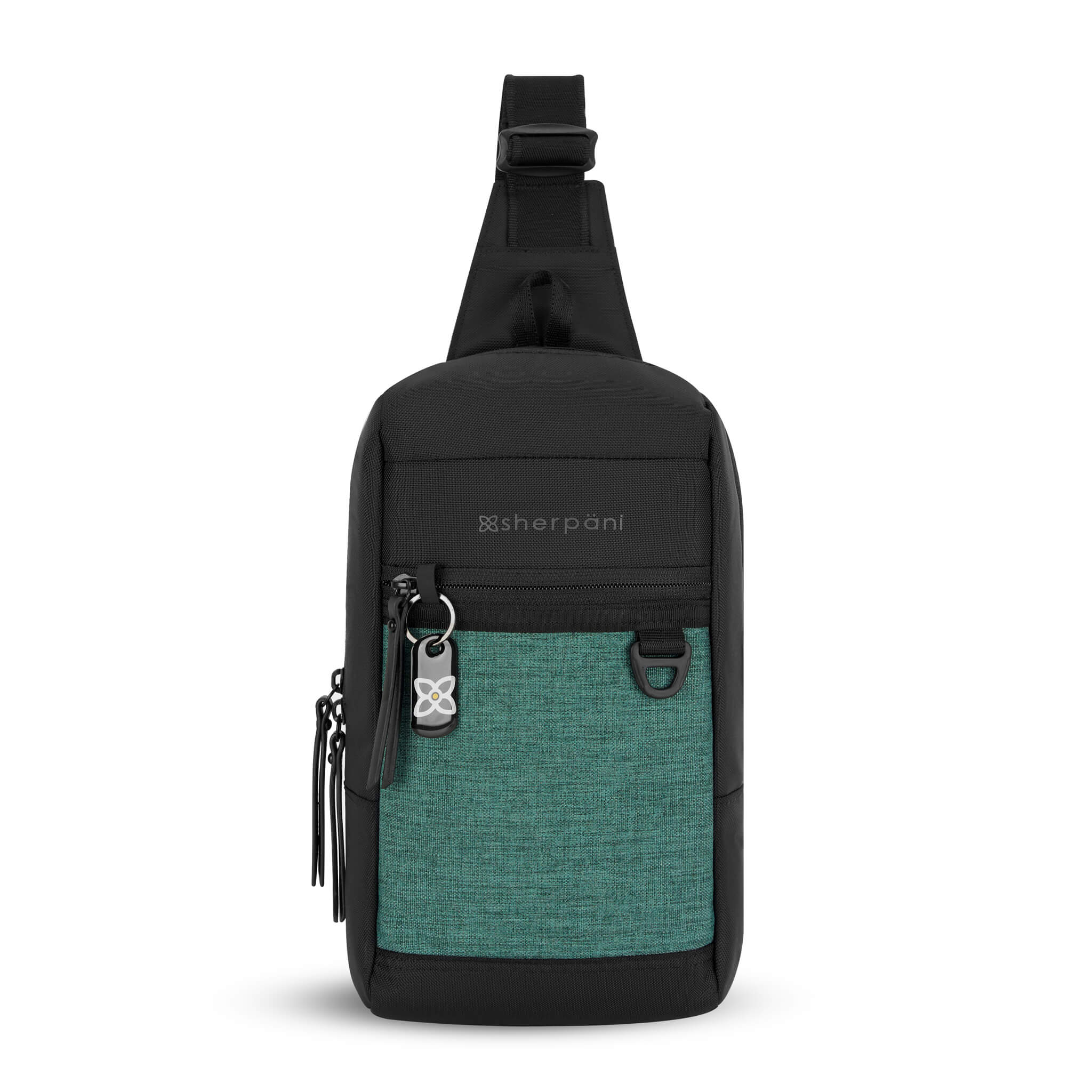 Flat front view of Sherpani mini sling bag, the Metro in Teal. This Anti-Theft sling includes security features for safe travels and an adjustable crossbody strap that can convert the Metro for left-handed users.  