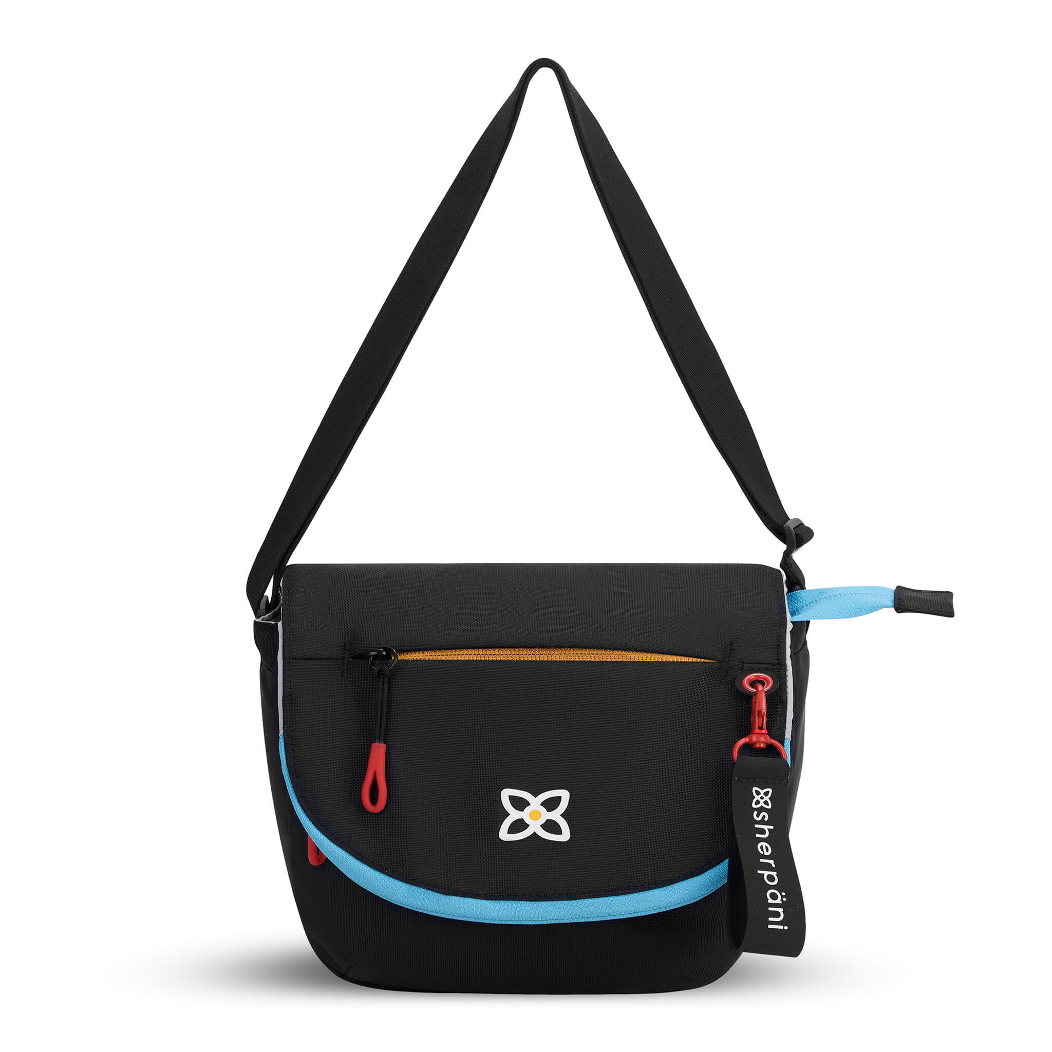 Flat front view of Sherpani messenger satchel bag, the Milli in Chromatic. Milli features include an adjustable crossbody strap, front zipper pocket, brimmed zipper pocket, detachable keychain, magnetic closure, RFID security and multiple internal pockets for organization. The Chromatic color is mostly black with pops of color in yellow, red and blue. 