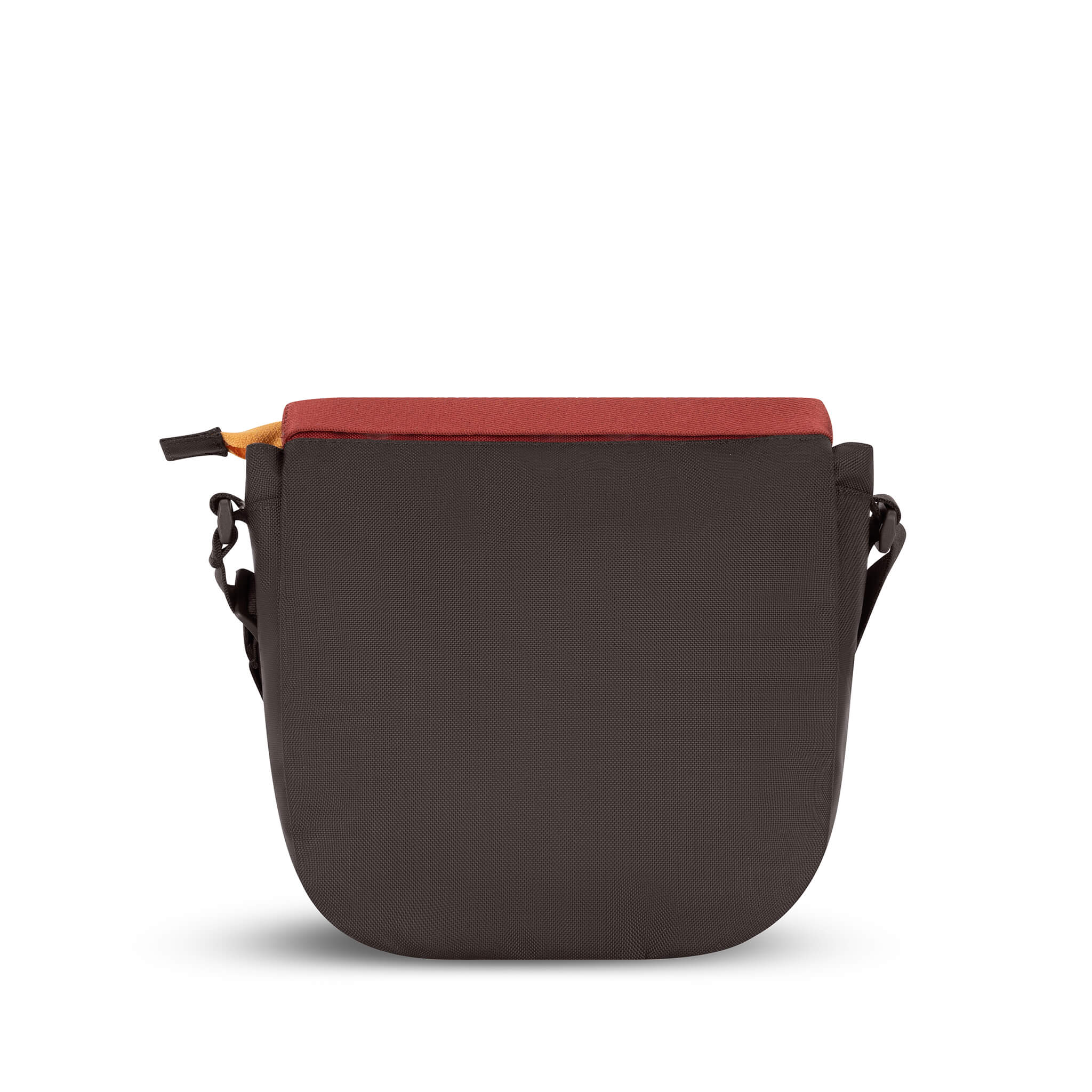 Back view of Sherpani messenger satchel bag, the Milli in Cider. Milli features include an adjustable crossbody strap, front zipper pocket, brimmed zipper pocket, detachable keychain, magnetic closure, RFID security and multiple internal pockets for organization. The Cider color is two-toned in burgundy and dark brown with yellow accents. 