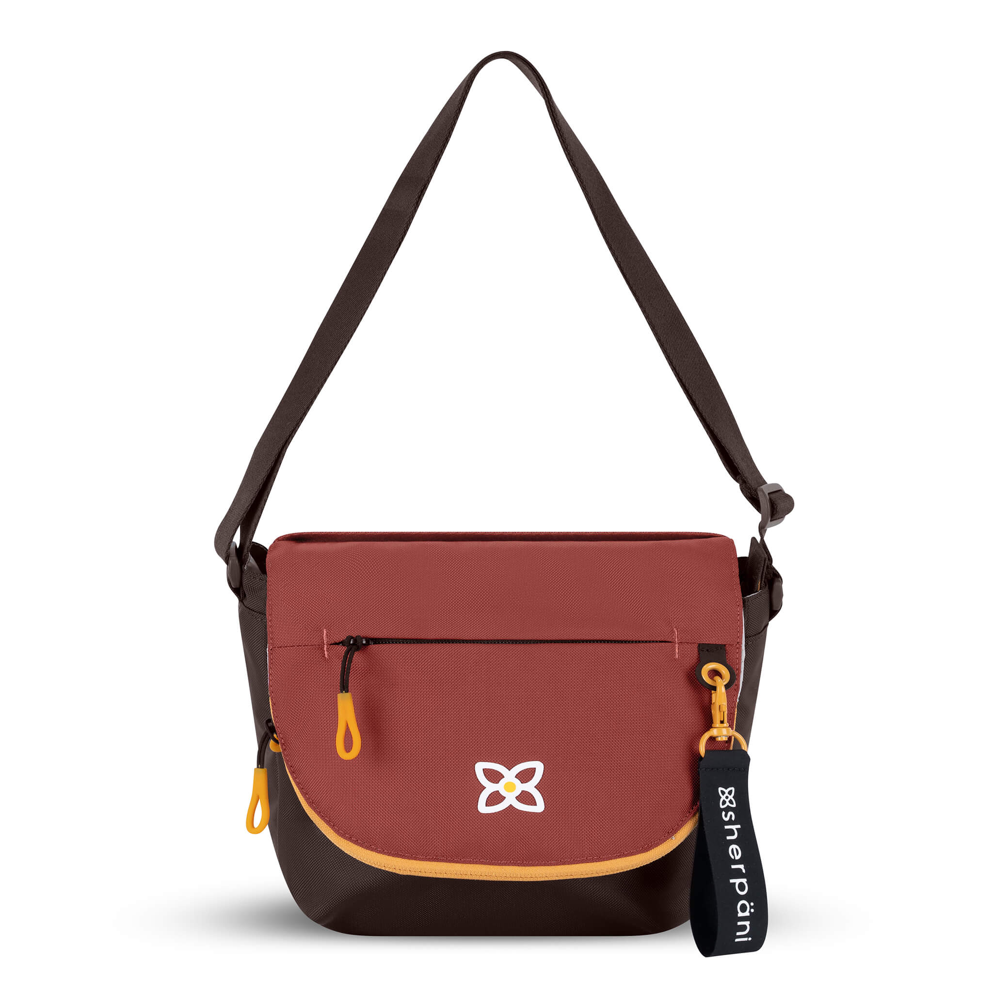 Flat front view of Sherpani messenger satchel bag, the Milli in Cider. Milli features include an adjustable crossbody strap, front zipper pocket, brimmed zipper pocket, detachable keychain, magnetic closure, RFID security and multiple internal pockets for organization. The Cider color is two-toned in burgundy and dark brown with yellow accents. 