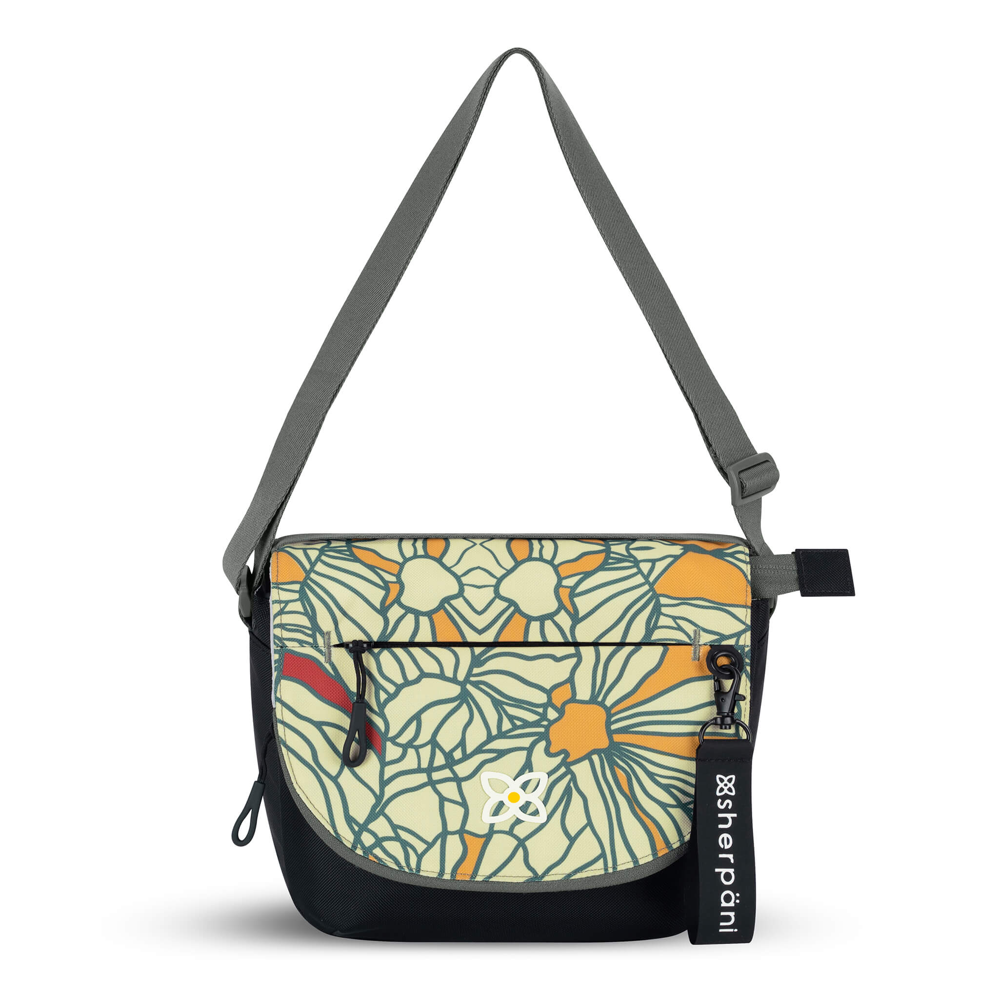 Flat front view of Sherpani messenger satchel bag, the Milli in Fiori. Milli features include an adjustable crossbody strap, front zipper pocket, brimmed zipper pocket, detachable keychain, magnetic closure, RFID security and multiple internal pockets for organization. The Fiori colorway is two-toned in black and a floral pattern with red accents.