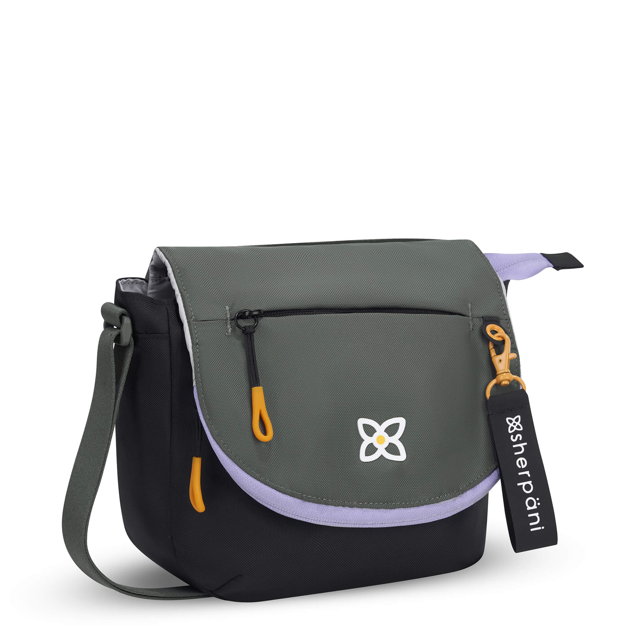 Angled front view of Sherpani messenger satchel bag, the Milli in Juniper. Milli features include an adjustable crossbody strap, front zipper pocket, brimmed zipper pocket, detachable keychain, magnetic closure, RFID security and multiple internal pockets for organization. The Juniper color is two-toned in black and gray with accents in yellow and purple. 
