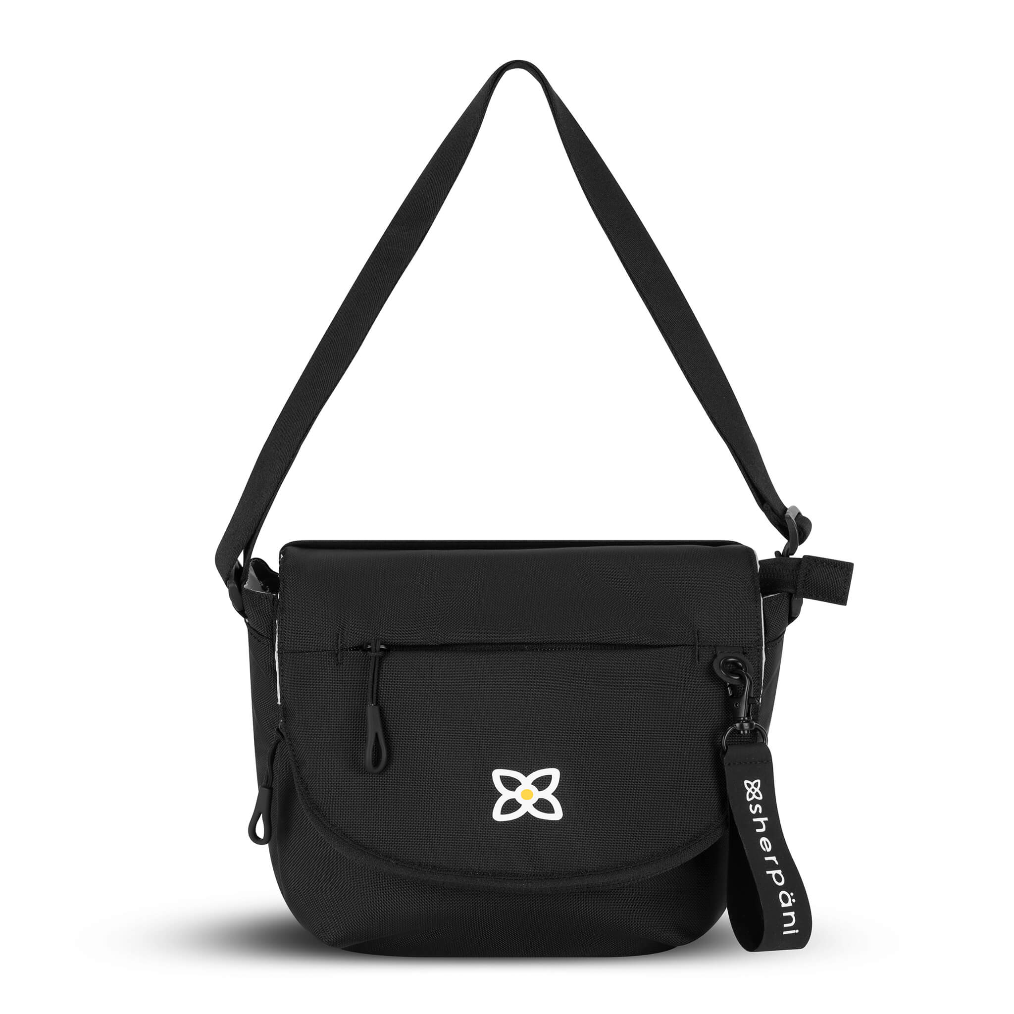 Flat front view of Sherpani messenger satchel bag, the Milli in Raven. Milli features include an adjustable crossbody strap, front zipper pocket, brimmed zipper pocket, detachable keychain, magnetic closure, RFID security and multiple internal pockets for organization. The Raven color is a true black with Sherpani logo (edelweiss flower) accented in white. 