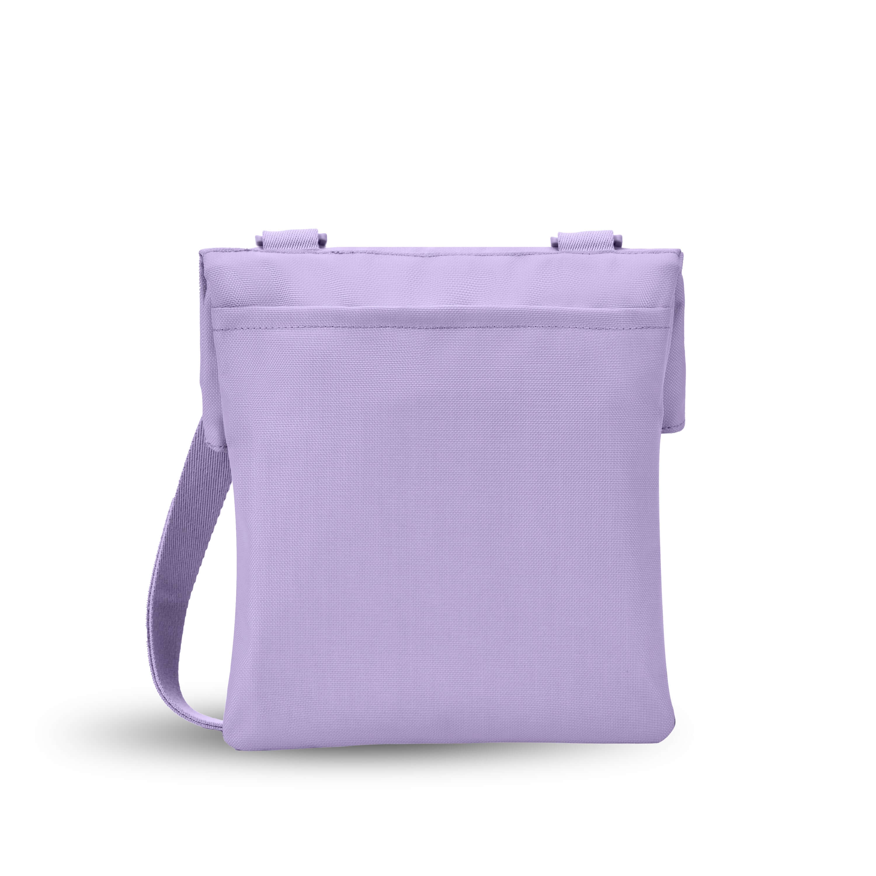Back view of Sherpani crossbody, the Pica in Lavender. The back of the bag features an external pouch. 