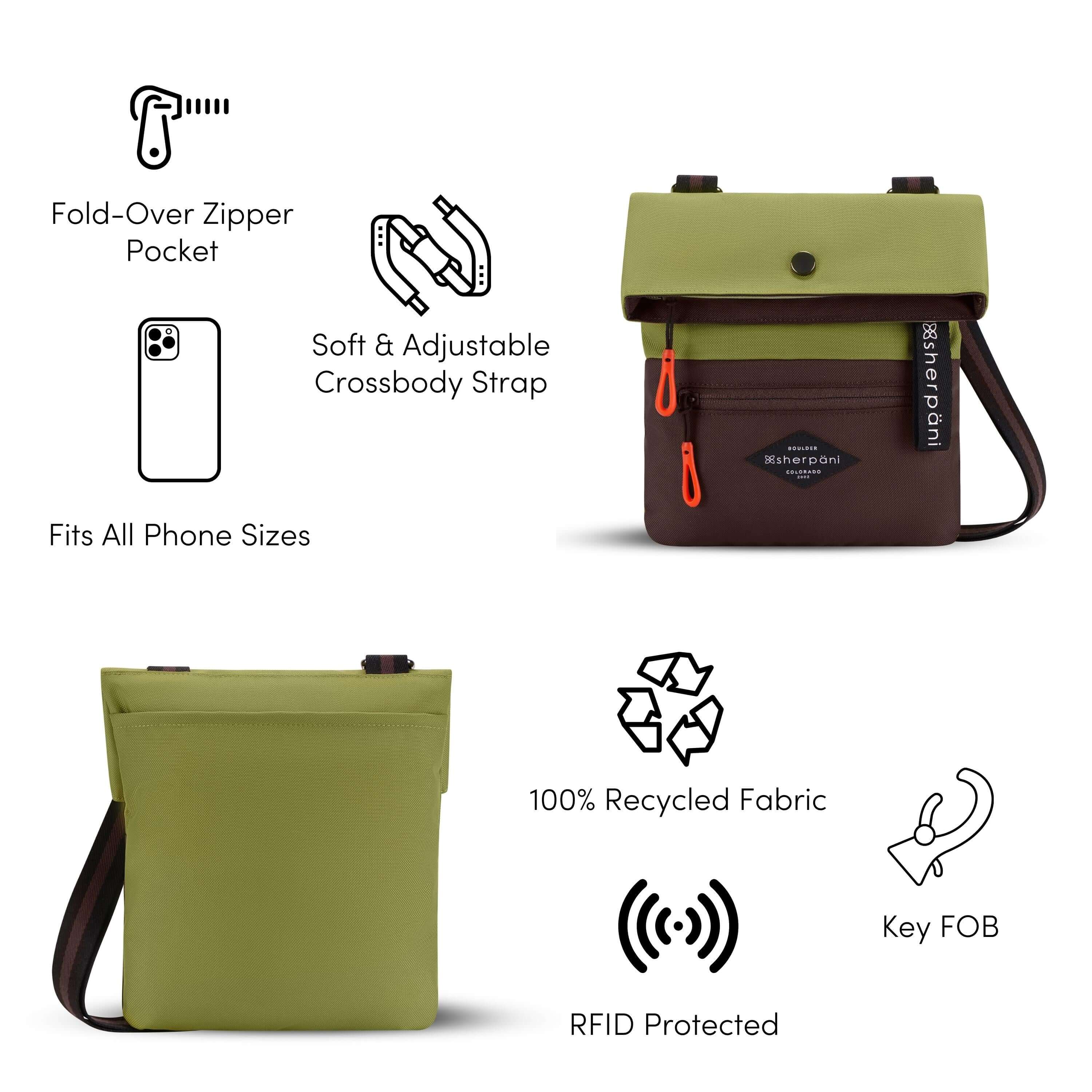 A Graphic showing the features of Sherpani’s crossbody, the Pica. There is a front and back view of the bag. The following features are highlighted with corresponding graphics: Fold-Over Zipper Pocket, Soft &amp; Adjustable Crossbody Strap, Fits All Phone Sizes, 100% Recycled Fabric, RFID Protected, Key FOB.