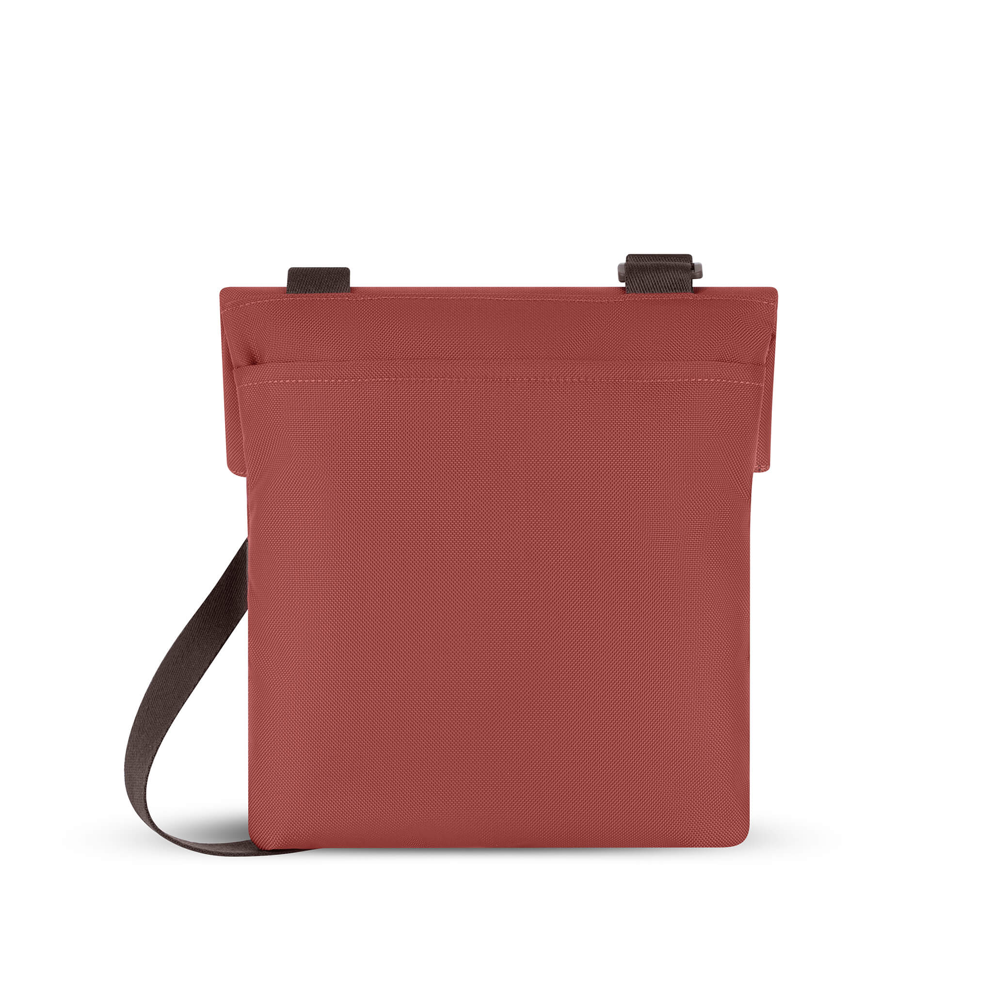Back view of Sherpani fold over crossbody bag, the Pica in Cider. Pica features include an adjustable crossbody strap, outside zipper pocket, back flap pocket, inside zipper pocket and slip pocket, detachable keychain and RFID protection. The Cider color is two-toned in burgundy and dark brown with Sherpani logo (edelweiss flower) accented in white. 