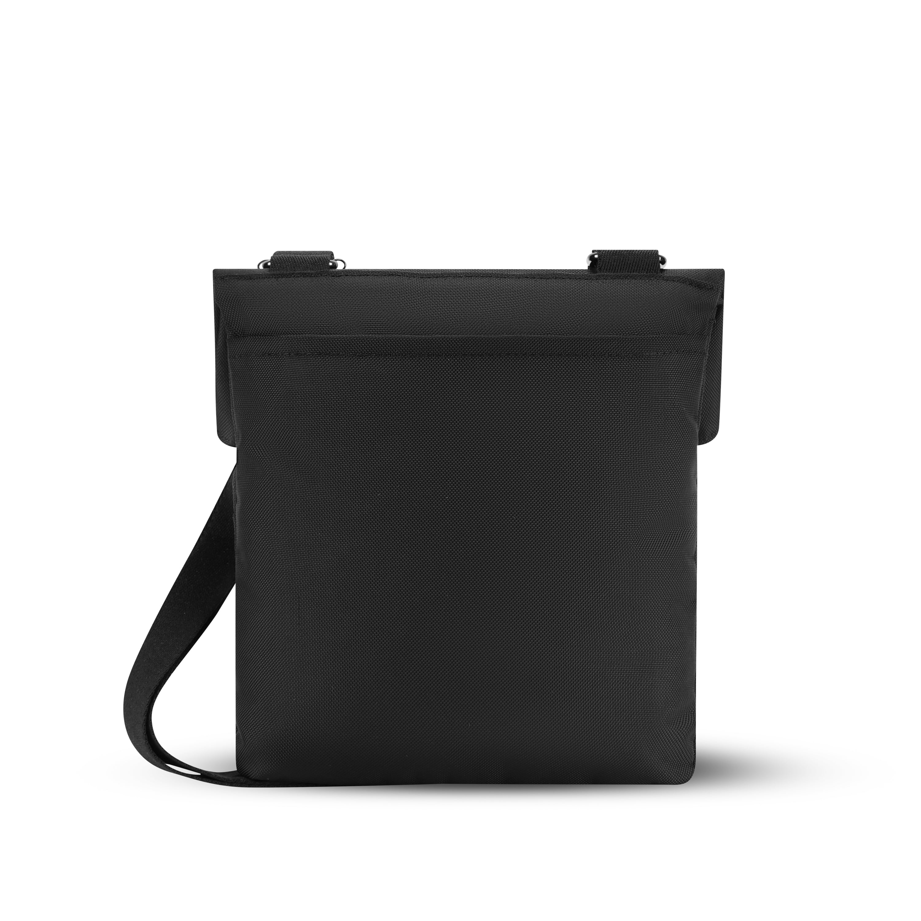 Back view of Sherpani crossbody, the Pica in Raven. The back of the bag features an external pouch.