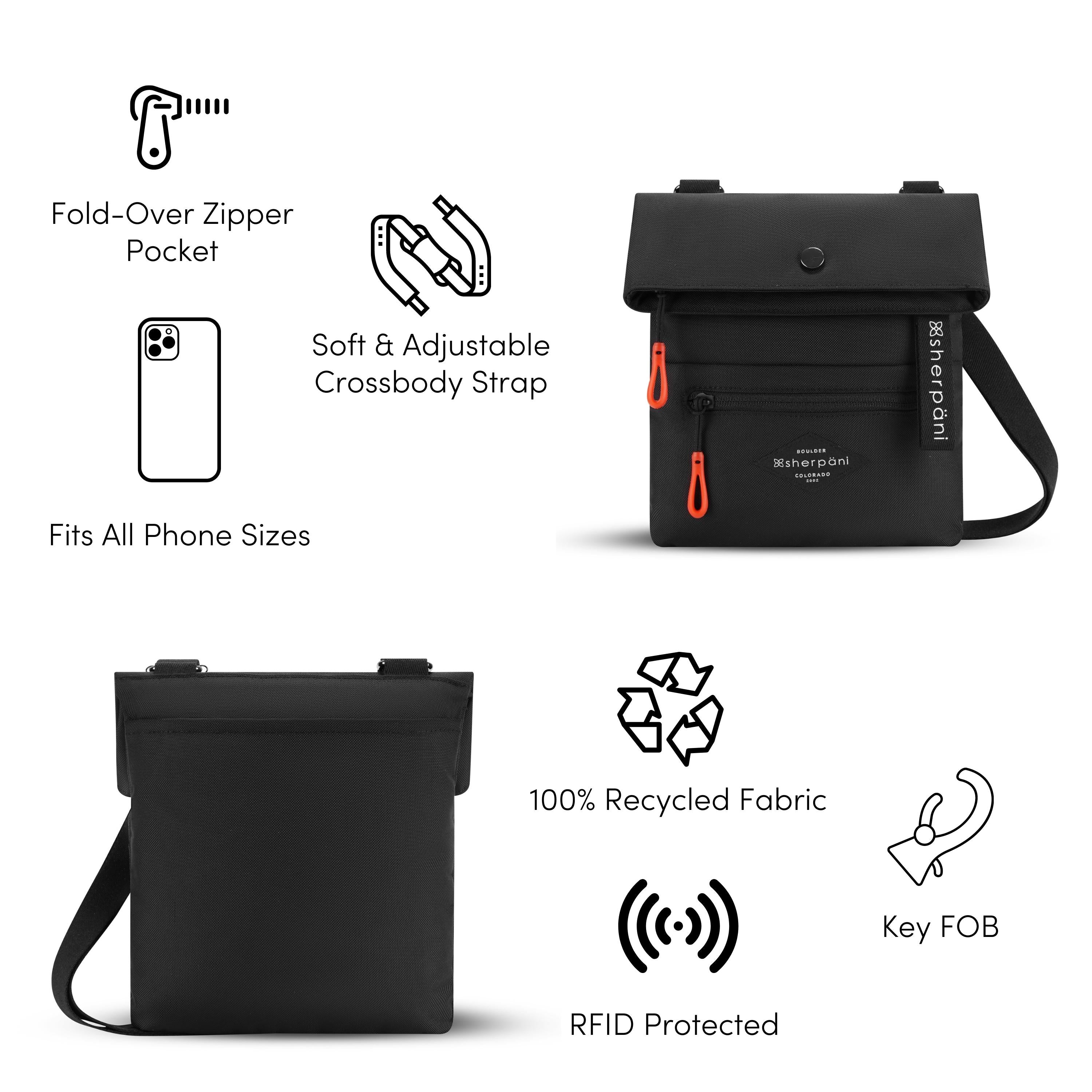 A Graphic showing the features of Sherpani’s crossbody, the Pica. There is a front and back view of the bag. The following features are highlighted with corresponding graphics: Fold-Over Zipper Pocket, Soft &amp; Adjustable Crossbody Strap, Fits All Phone Sizes, 100% Recycled Fabric, RFID Protected, Key FOB.