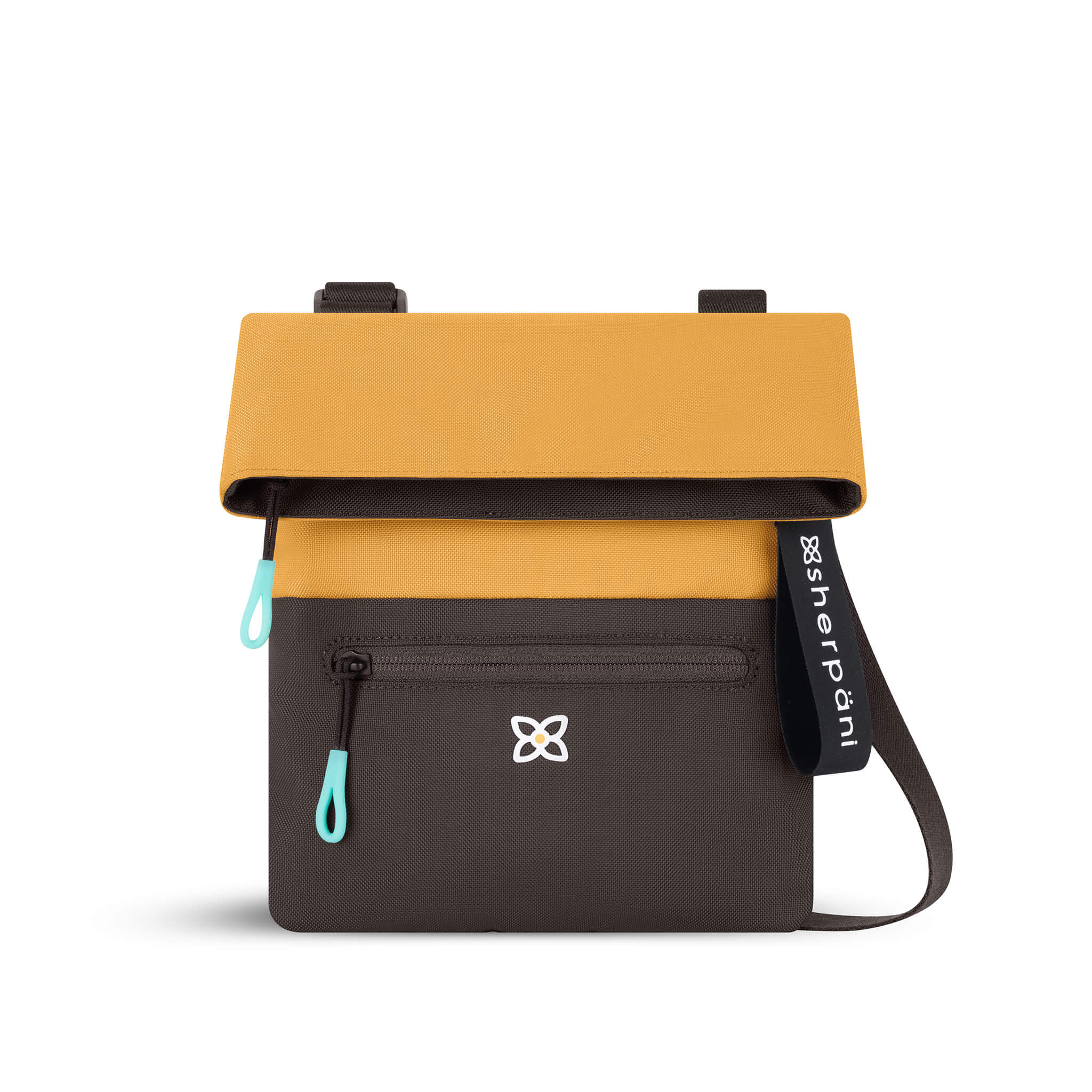 Flat front view of Sherpani fold over crossbody bag, the Pica in Sundial. Pica features include an adjustable crossbody strap, outside zipper pocket, back flap pocket, inside zipper pocket and slip pocket, detachable keychain and RFID protection. The Sundial coloway is two-toned in yellow and dark brown with turquoise accents. 