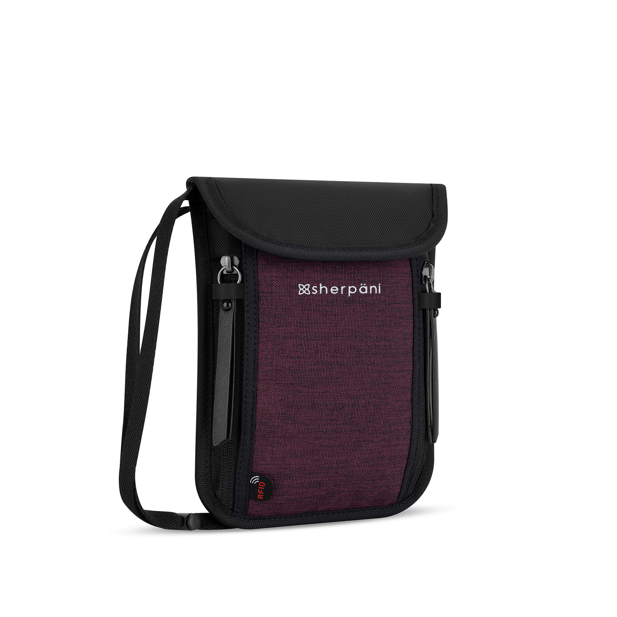 Angled front view of the Piper in Merlot, anti-theft thin wallet for travel with crossbody strap. 