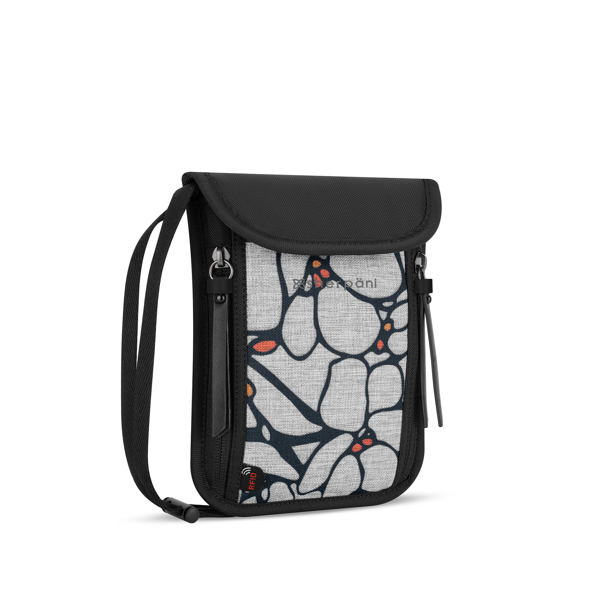 Angled front view of the Piper in Sakura, anti-theft thin wallet for travel with crossbody strap. 