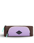 Flat front view of Sherpani travel accessory, the Poet in Lavender. The pouch is two-toned in lavender and brown. There is an external zipper pocket on the front. Easy-pull zippers are accented in aqua.