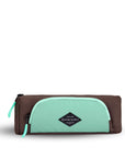 Flat front view of Sherpani travel accessory, the Poet in Seagreen. The pouch is two-toned in light green and brown. There is an external zipper pocket on the front. Easy-pull zippers are accented in light green.