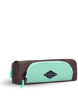 Angled front view of Sherpani travel accessory, the Poet in Seagreen. The pouch is two-toned in light green and brown. There is an external zipper pocket on the front. Easy-pull zippers are accented in light green.