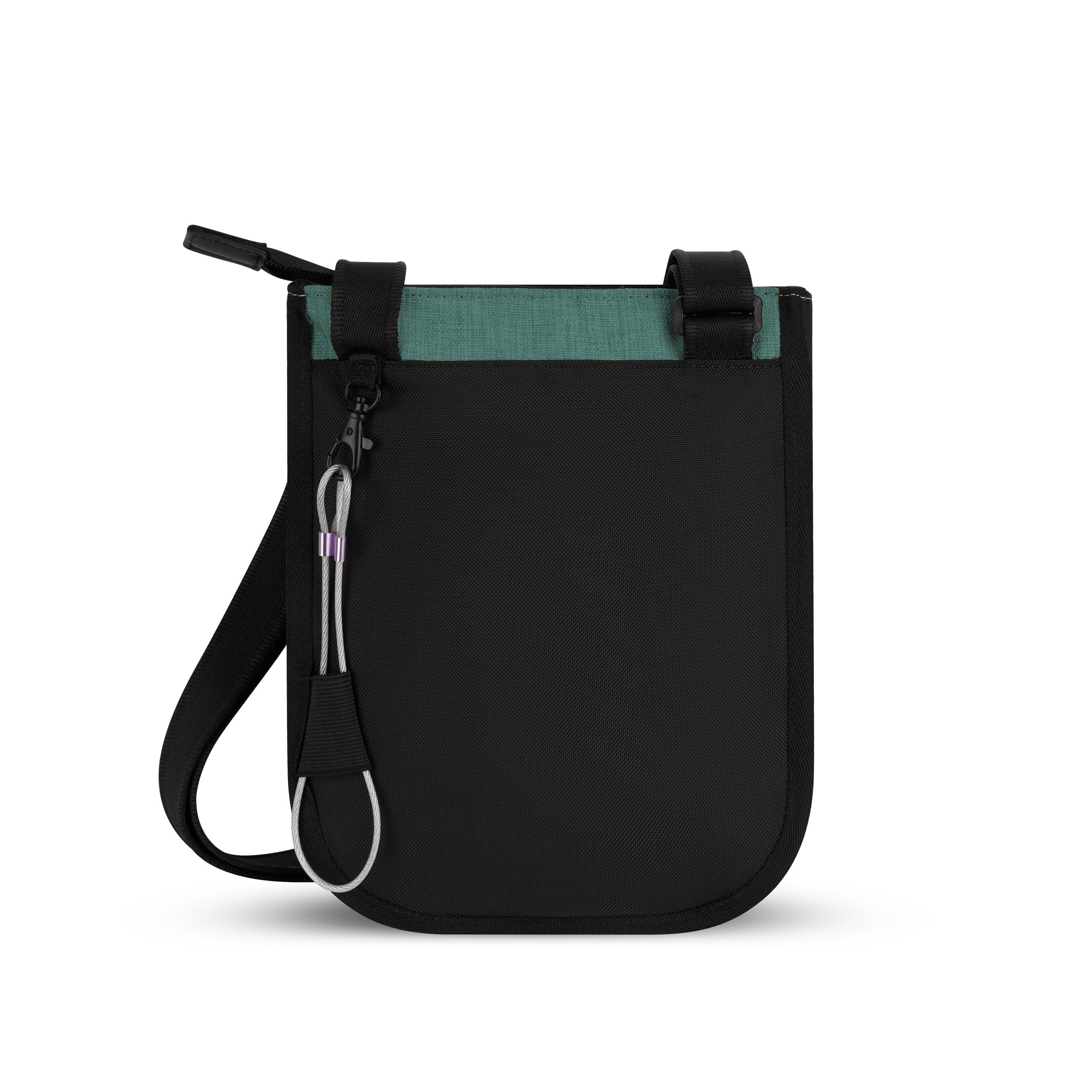 Back view of Sherpani's Anti-Theft bag, the Prima AT in Teal, with vegan leather accents in black. There is an external pouch on the back of the bag, and a chair loop lock clipped to the left side that is secured in place with an elastic tab. 