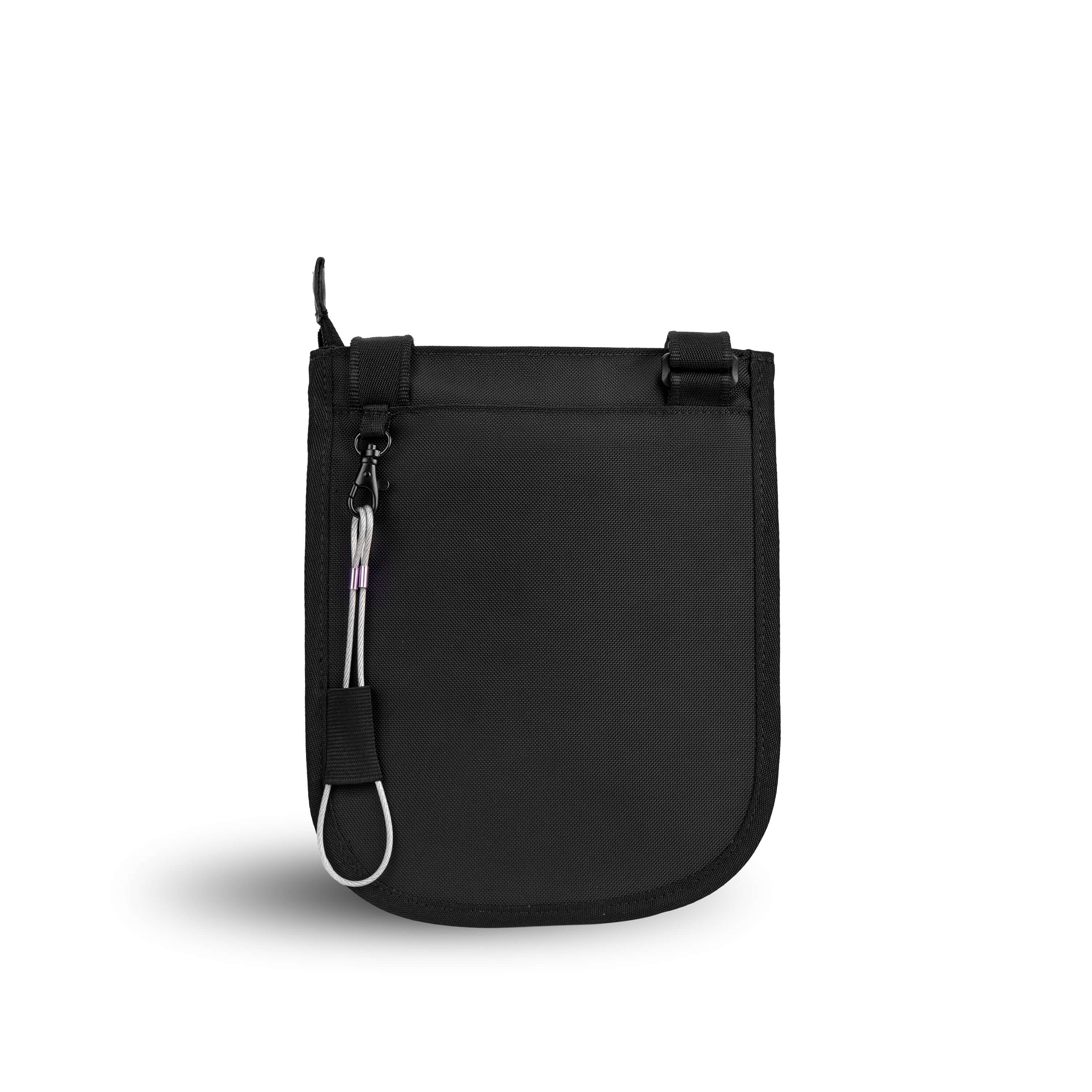 Back view of Sherpani&#39;s Anti-Theft bag, the Prima AT in Carbon, with vegan leather accents in black. There is an external pouch on the back of the bag, and a chair loop lock clipped to the left side that is secured in place with an elastic tab.