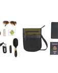Top view of example items to fill the bag. Sherpani’s Anti-Theft bag, the Prima AT in Loden, lies in the center. It is surrounded by an assortment of items: hairbrush, lipstick, car key, hair tie, lotion, gum, sunglasses, phone and passport.