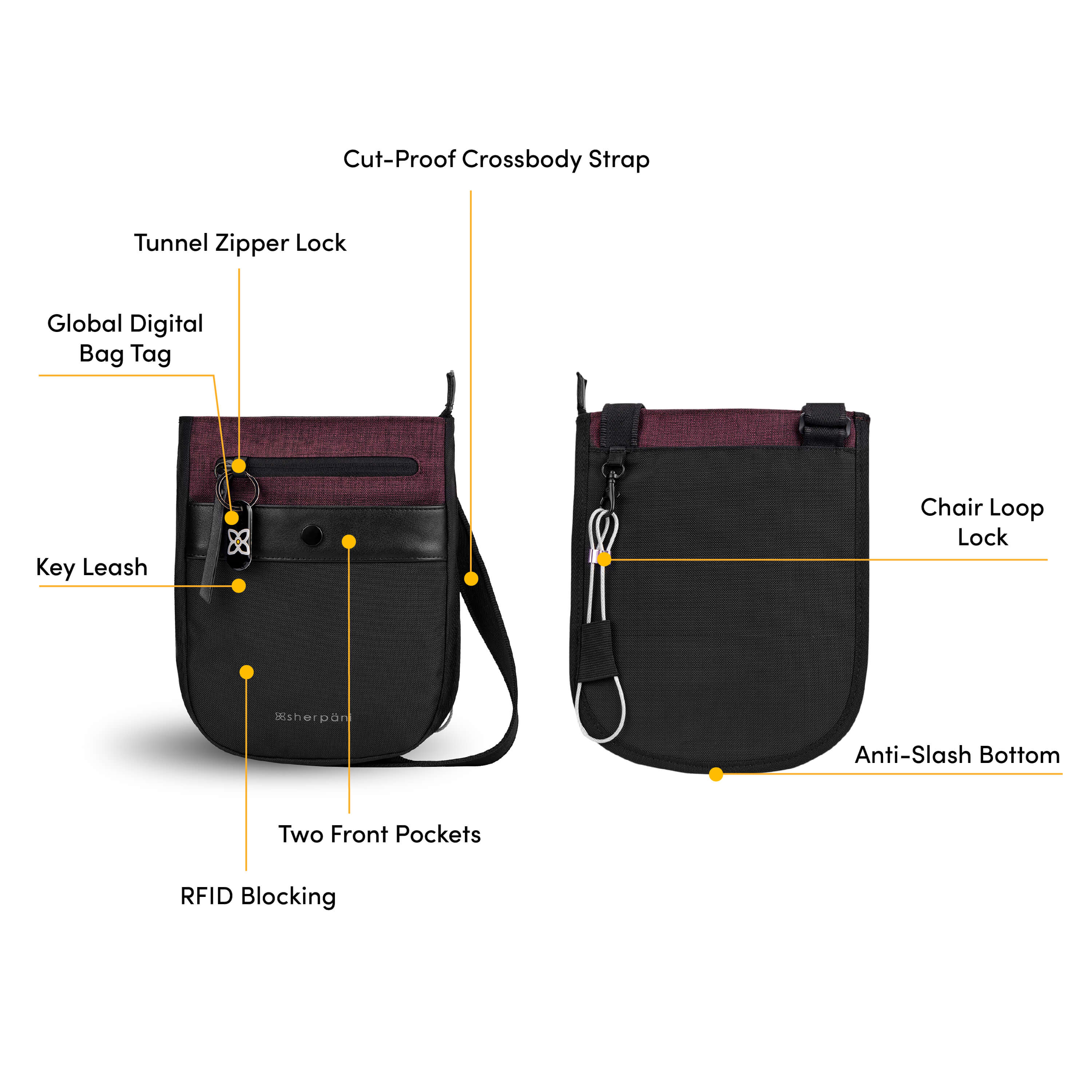 Graphic showcasing the features of Sherpani’s Anti Theft bag, the Prima AT in Merlot. There is a front and a back view of the bag, red circles highlight the following features: Lockable Zippers, Key Fob, Cut-Proof Crossbody Strap, Chair Loop Lock, Compatible with All Phone Sizes, Anti-Slash Bottom, Two Front Pockets, RFID Protection. 