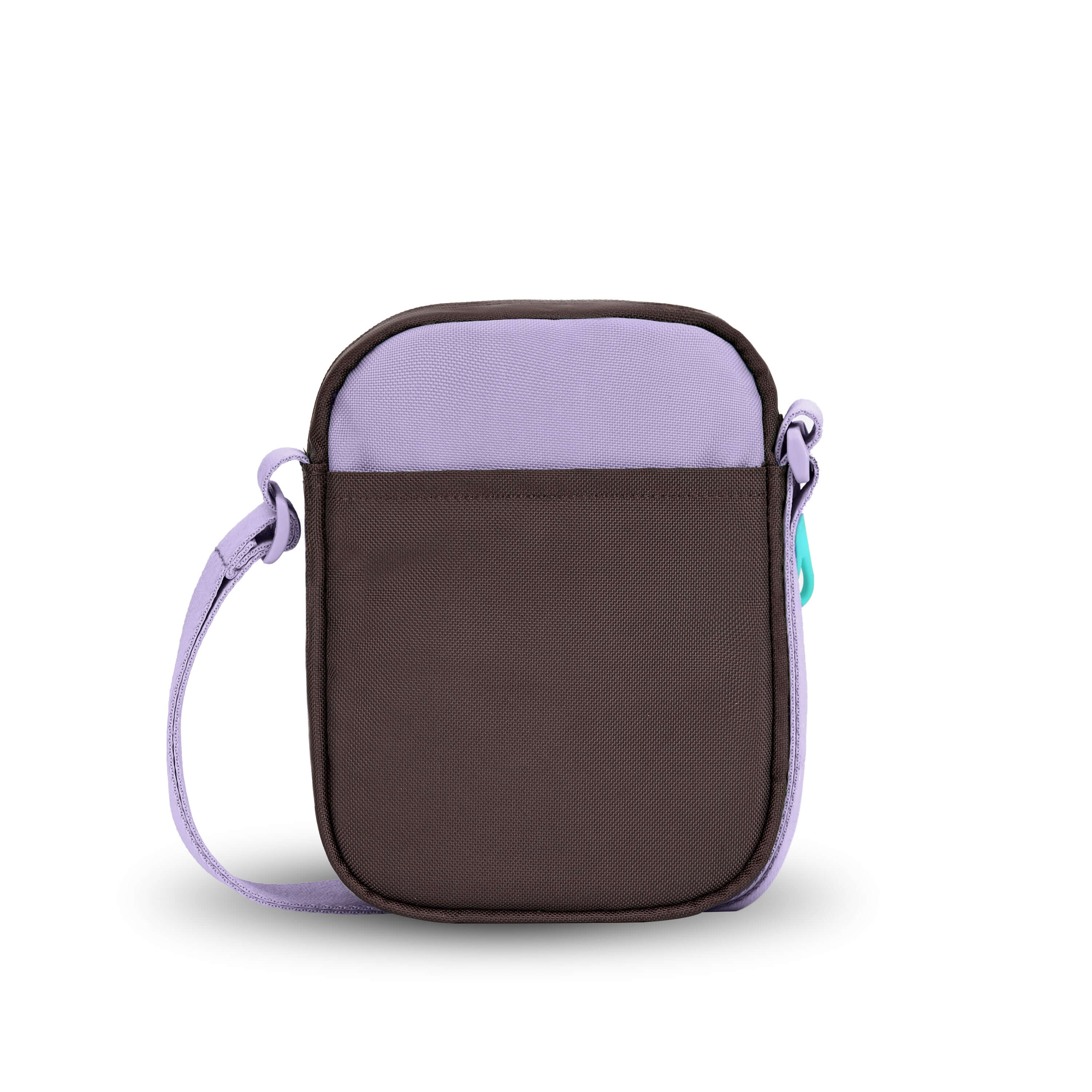 Back view of Sherpani crossbody, the Rogue in Lavender. The back features an external pouch.
