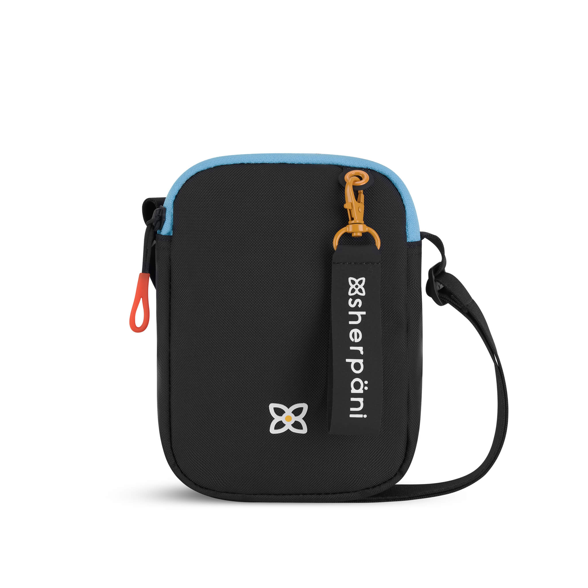 Flat front view of Sherpani mini crossbody purse, the Rogue in Chromatic. Rogue features include an adjustable crossbody strap, detachable keychain, compact design, minimalist bag, RFID protection and back slip pocket. The Chromatic color is mostly black with pops of color in blue, red and yellow. 
