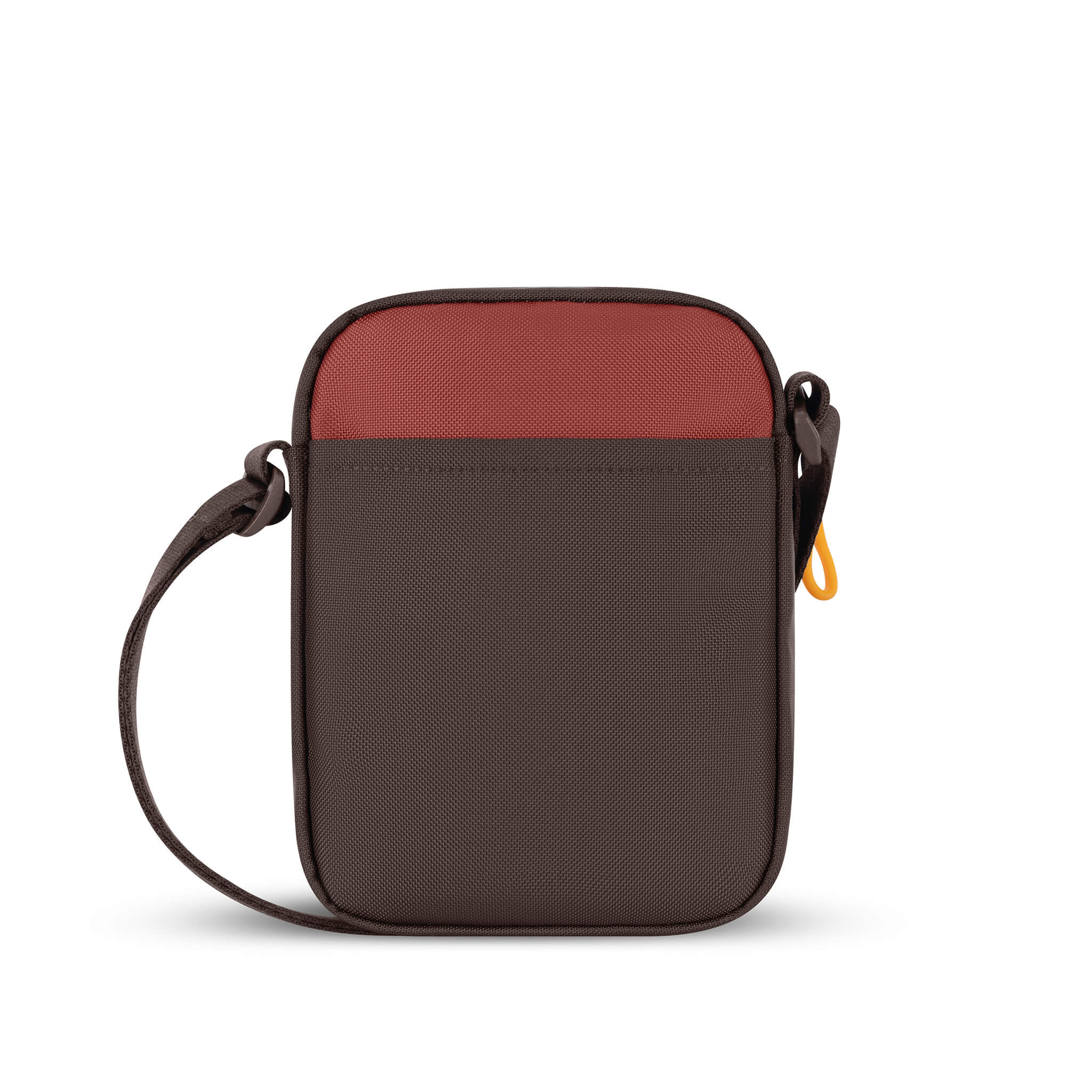 Back view of Sherpani mini crossbody purse, the Rogue in Cider. Rogue features include an adjustable crossbody strap, detachable keychain, compact design, minimalist bag, RFID protection and back slip pocket. The Cider color is two-toned in burgundy and dark brown with yellow accents.