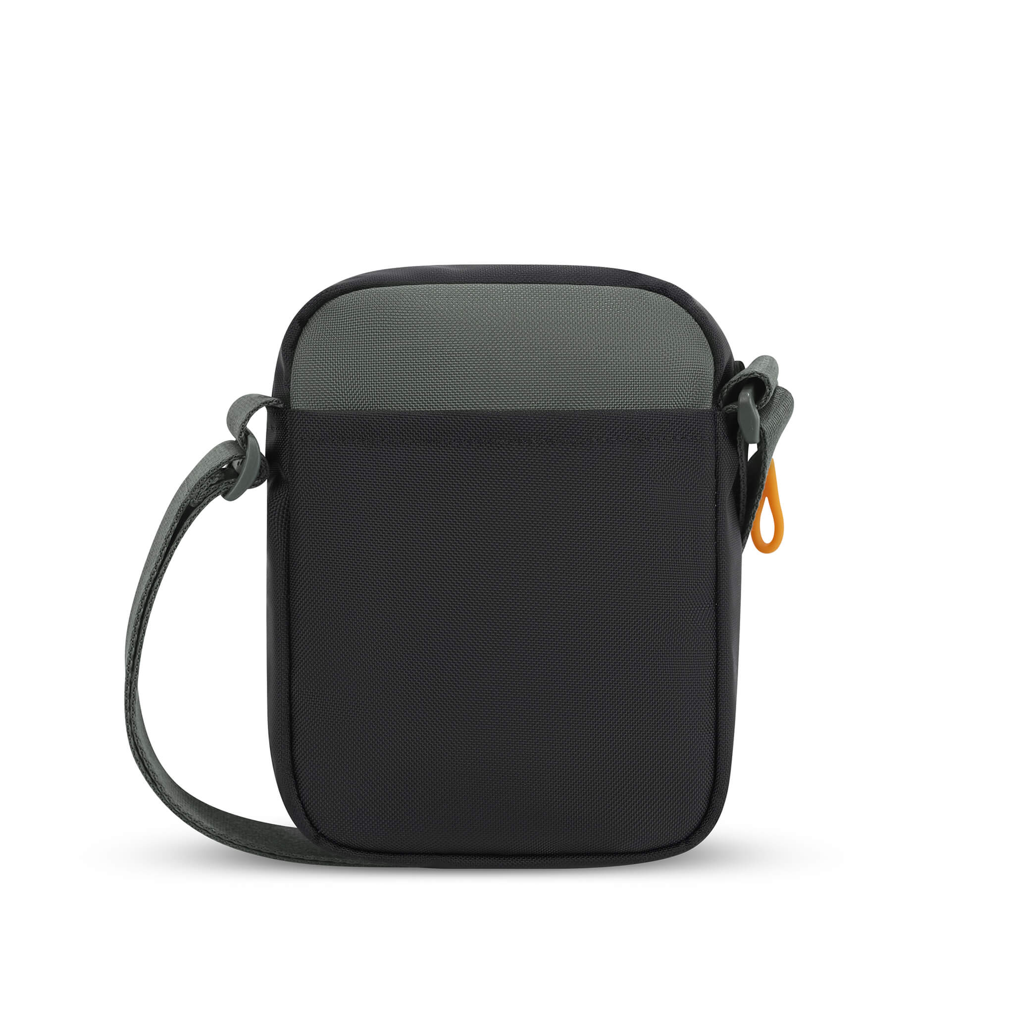 Back view of Sherpani mini crossbody purse, the Rogue in Juniper. Rogue features include an adjustable crossbody strap, detachable keychain, compact design, minimalist bag, RFID protection and back slip pocket. The Juniper color is two-toned in black and gray with yellow accents.