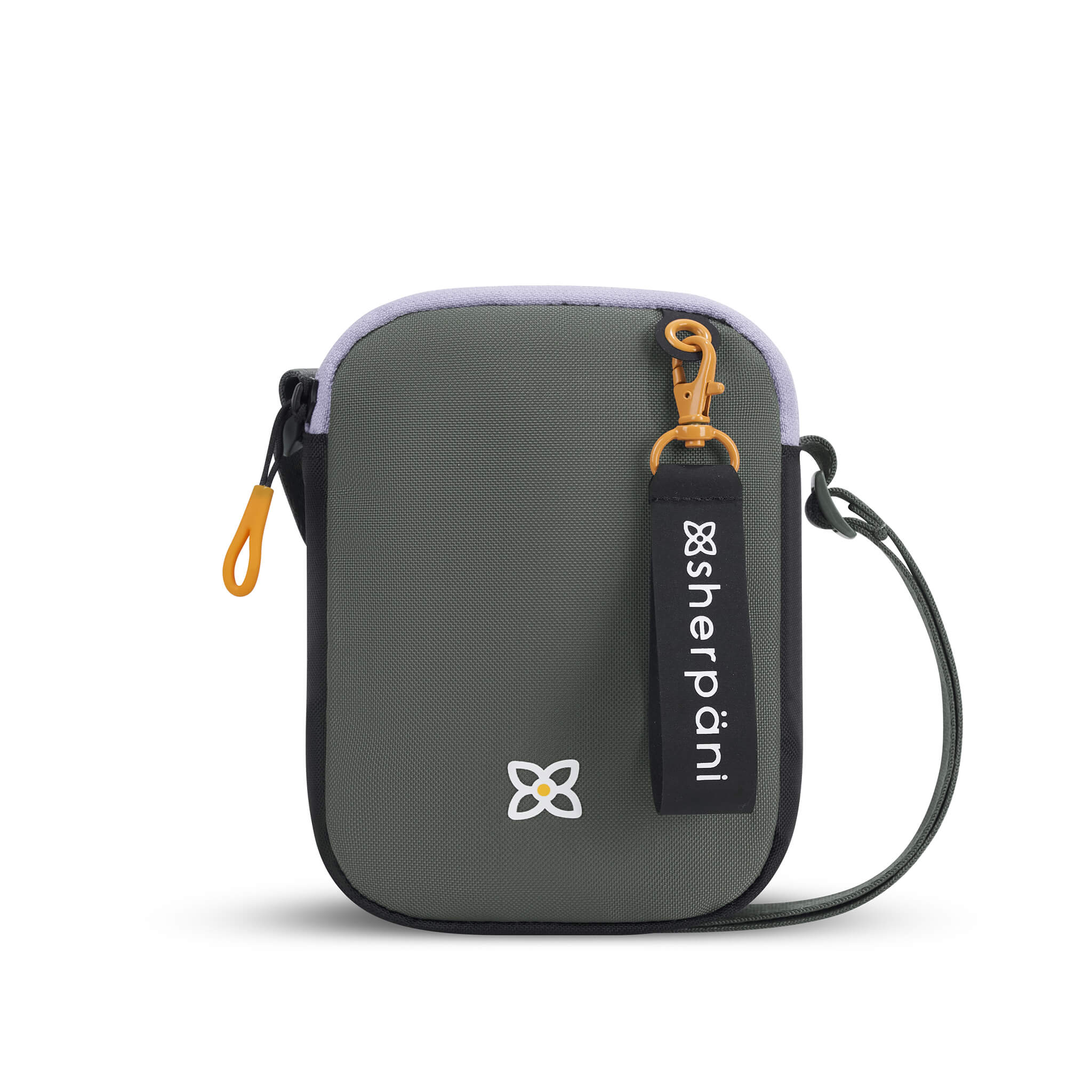 Flat front view of Sherpani mini crossbody purse, the Rogue in Juniper. Rogue features include an adjustable crossbody strap, detachable keychain, compact design, minimalist bag, RFID protection and back slip pocket. The Juniper color is two-toned in black and gray with yellow accents. 