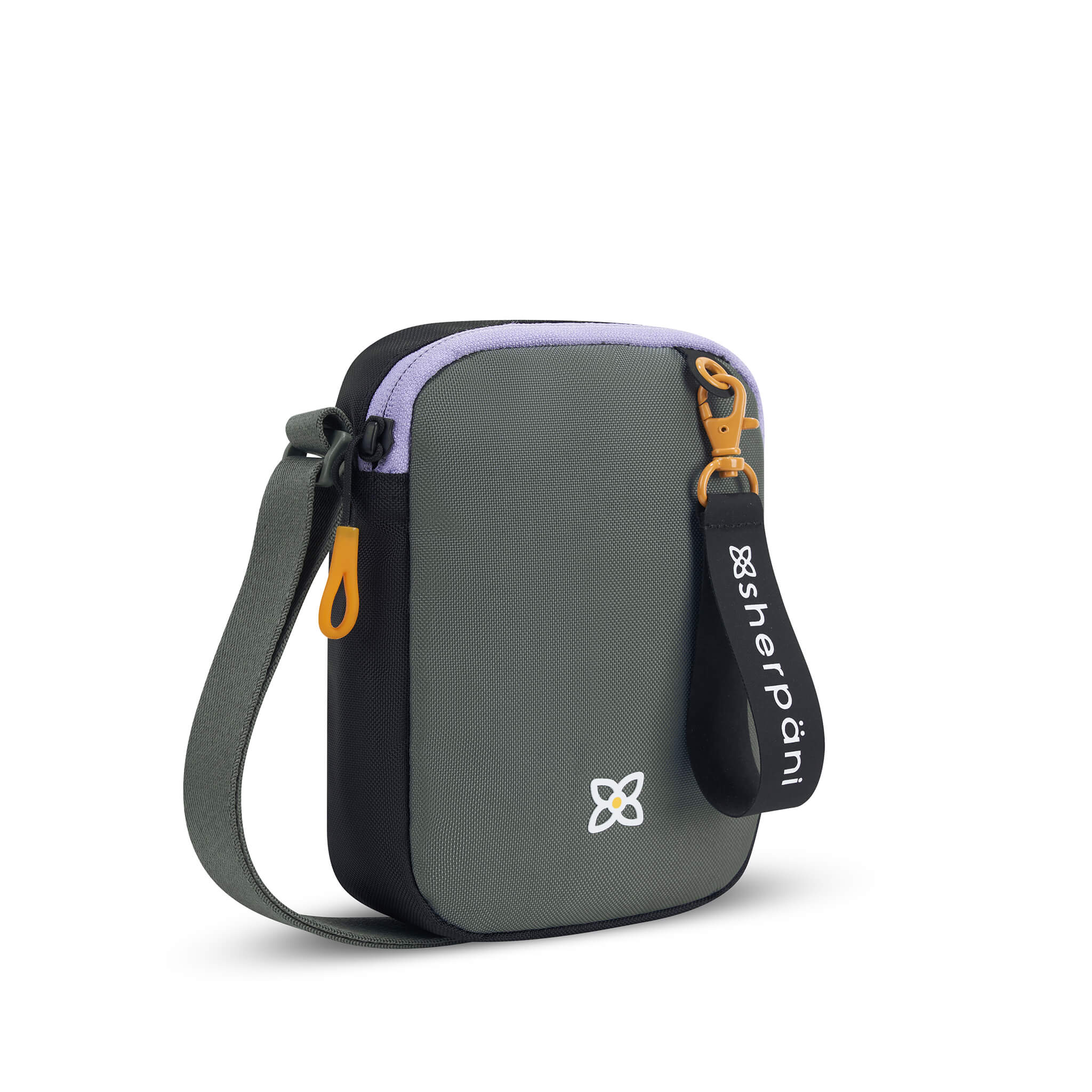 Angled front view of Sherpani mini crossbody purse, the Rogue in Juniper. Rogue features include an adjustable crossbody strap, detachable keychain, compact design, minimalist bag, RFID protection and back slip pocket. The Juniper color is two-toned in black and gray with yellow accents.