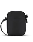 Back view of Sherpani mini crossbody purse, the Rogue in Raven. Rogue features include an adjustable crossbody strap, detachable keychain, compact design, minimalist bag, RFID protection and back slip pocket. The Raven color is true black with Sherpani edelweiss logo accented in white.