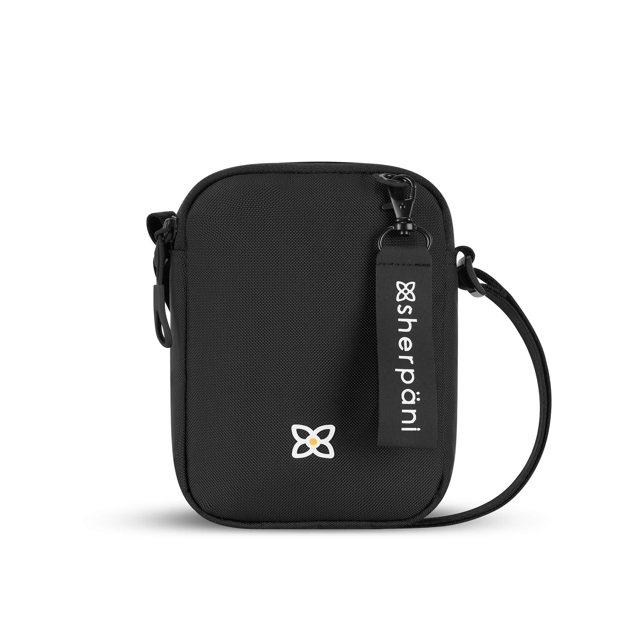 Flat front view of Sherpani mini crossbody purse, the Rogue in Raven. Rogue features include an adjustable crossbody strap, detachable keychain, compact design, minimalist bag, RFID protection and back slip pocket. The Raven color is true black with Sherpani edelweiss logo accented in white. 