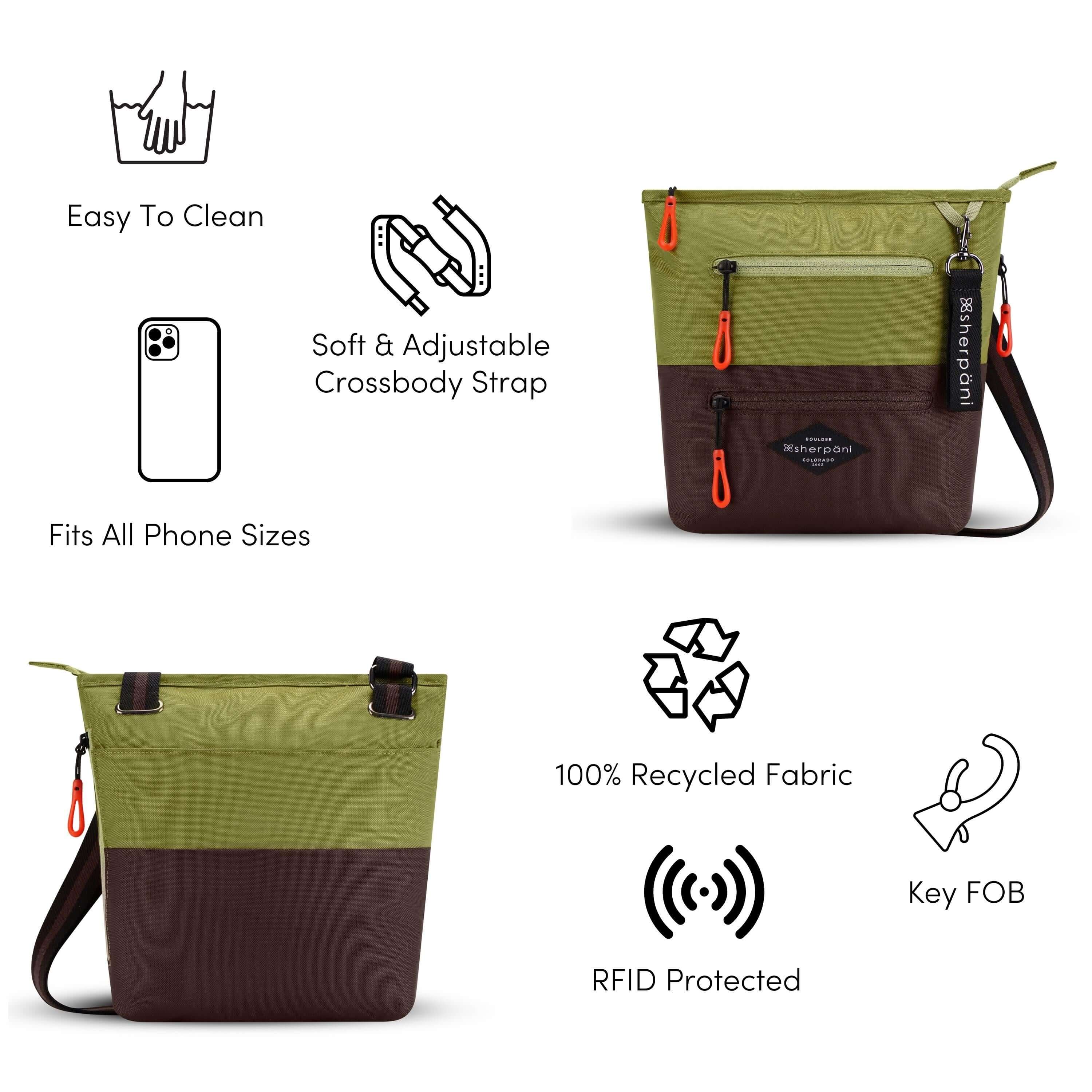 A Graphic showing the features of Sherpani&#39;s crossbody, the Sadie. There is a front and back view of the bag. The following features are highlighted with corresponding graphics: Easy To Clean, Soft &amp; Adjustable Crossbody Strap, Fits All Phone Sizes, 100% Recycled Fabric, Key FOB, RFID Protected.