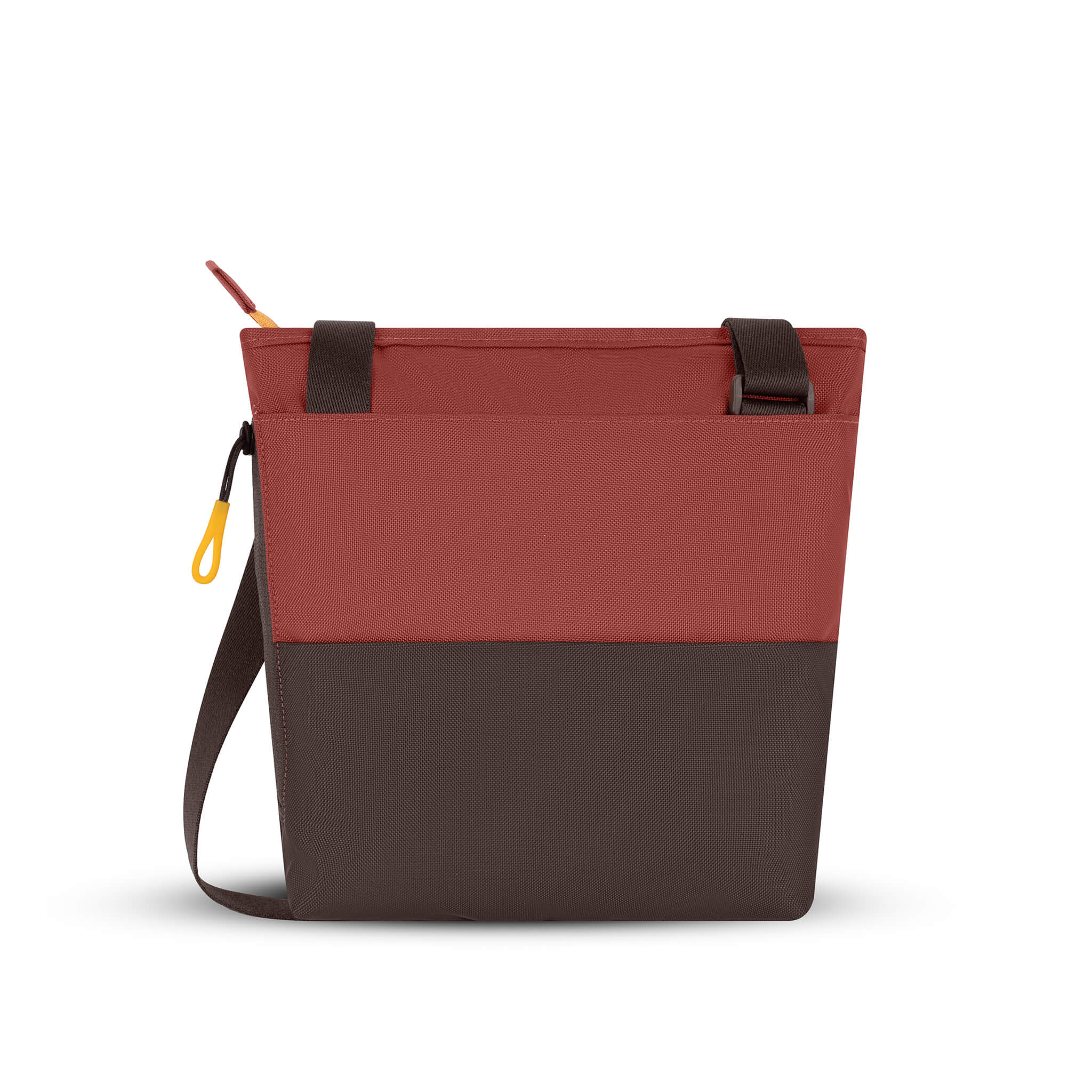 Back view of Sherpani crossbody travel bag, the Sadie in Cider. Sadie features include two front zipper pockets, a discrete side pocket, detachable keychain, adjustable crossbody strap, back slip pocket and RFID blocking technology. The Cider color is two-toned in burgundy and dark brown with yellow accents.