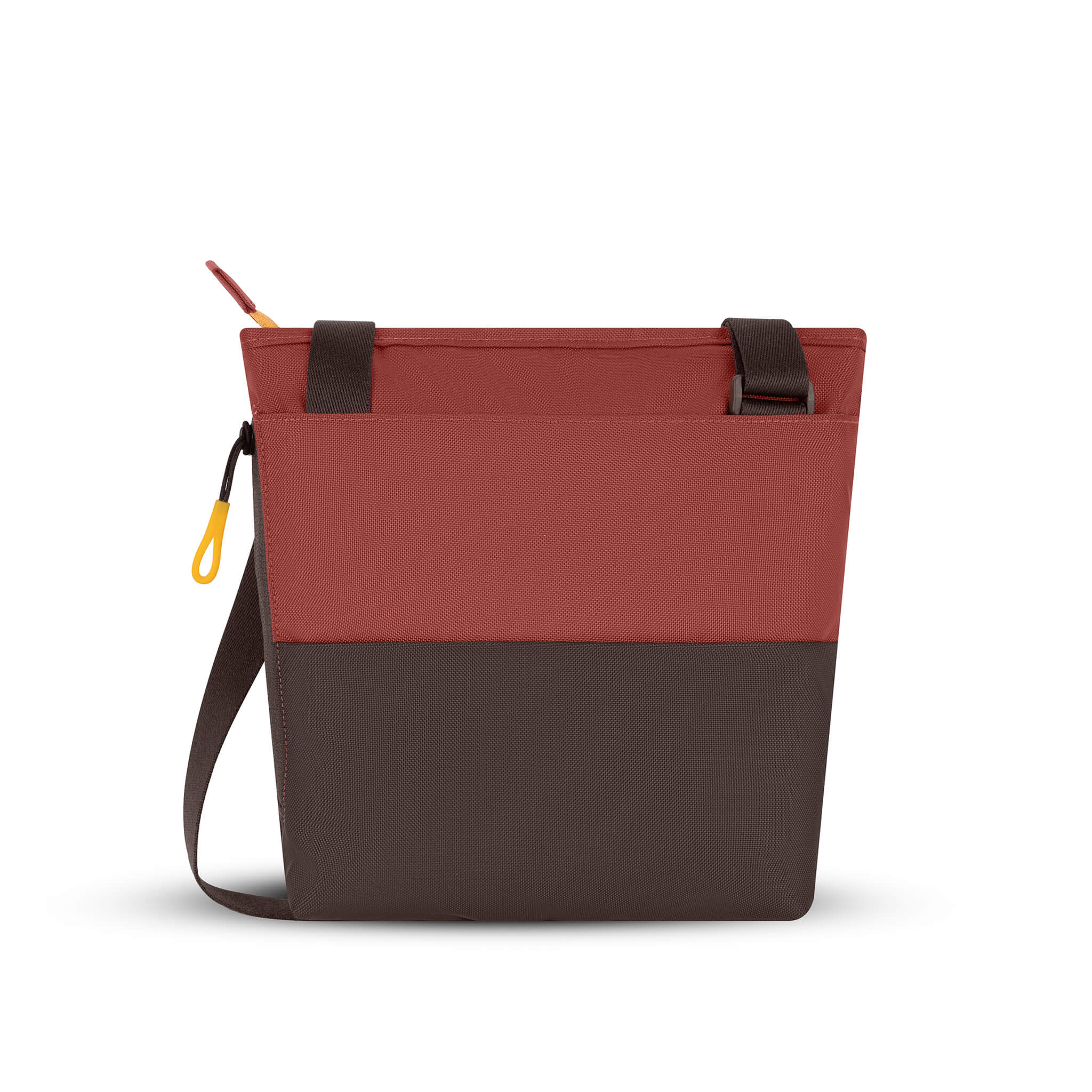 Back view of Sherpani crossbody travel bag, the Sadie in Cider. Sadie features include two front zipper pockets, a discrete side pocket, detachable keychain, adjustable crossbody strap, back slip pocket and RFID blocking technology. The Cider color is two-toned in burgundy and dark brown with yellow accents. 